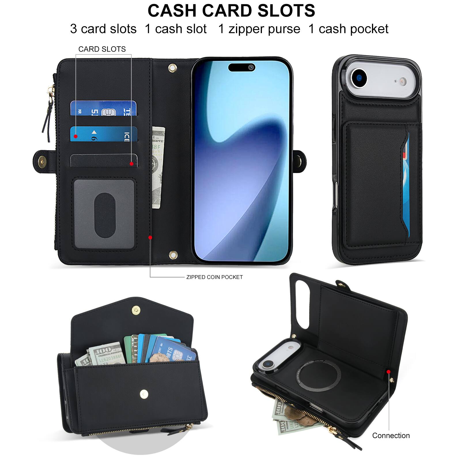 CASH CARD SLOTS  
3 card slots  
1 cash slot  
1 zipper purse  
1 cash pocket  

CARD SLOTS  

ZIPPED COIN POCKET  

Connection