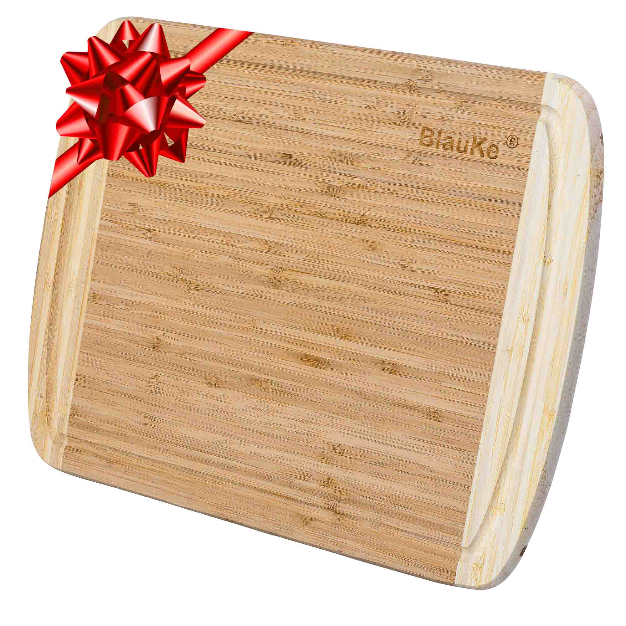 Front. BlauKe - Large Wood Cutting Board for Kitchen 14x11 inch - Bamboo Chopping Board with Juice Groove - Wooden Serving Tray - Beige.