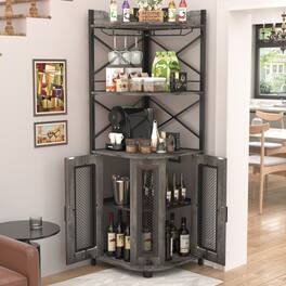 Aheaplus - Industrial 5-Tiers Corner Bar/Wine/Liquor Cabinet with Power Outlet, LED Strip & Glass Holder for Home Small Space - Gray Oak