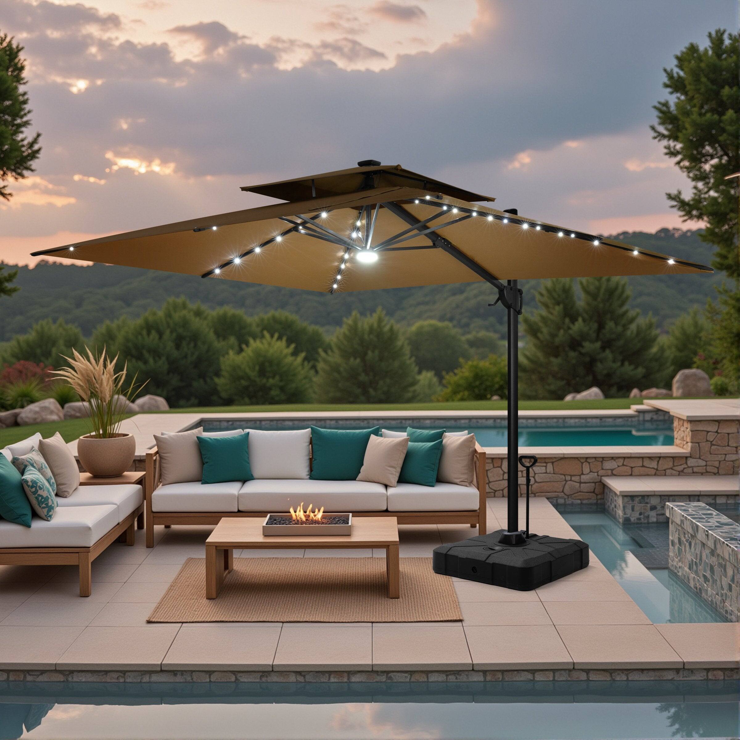 Angle. Crestlive Products - Crestlive Products 9x11ft Aluminum Double Top Crank Cantilever Patio Umbrella with Lights with Base - Brown.