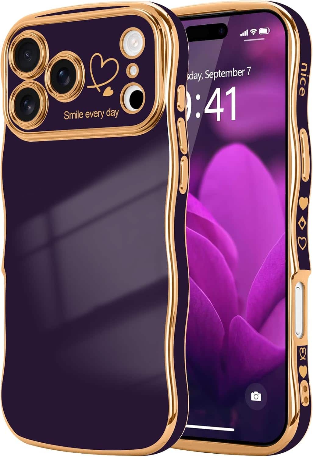 FINEAK - Shockproof iPhone 17 Pro Max Case with Love Heart Raised Camera Protection - Dark Purple