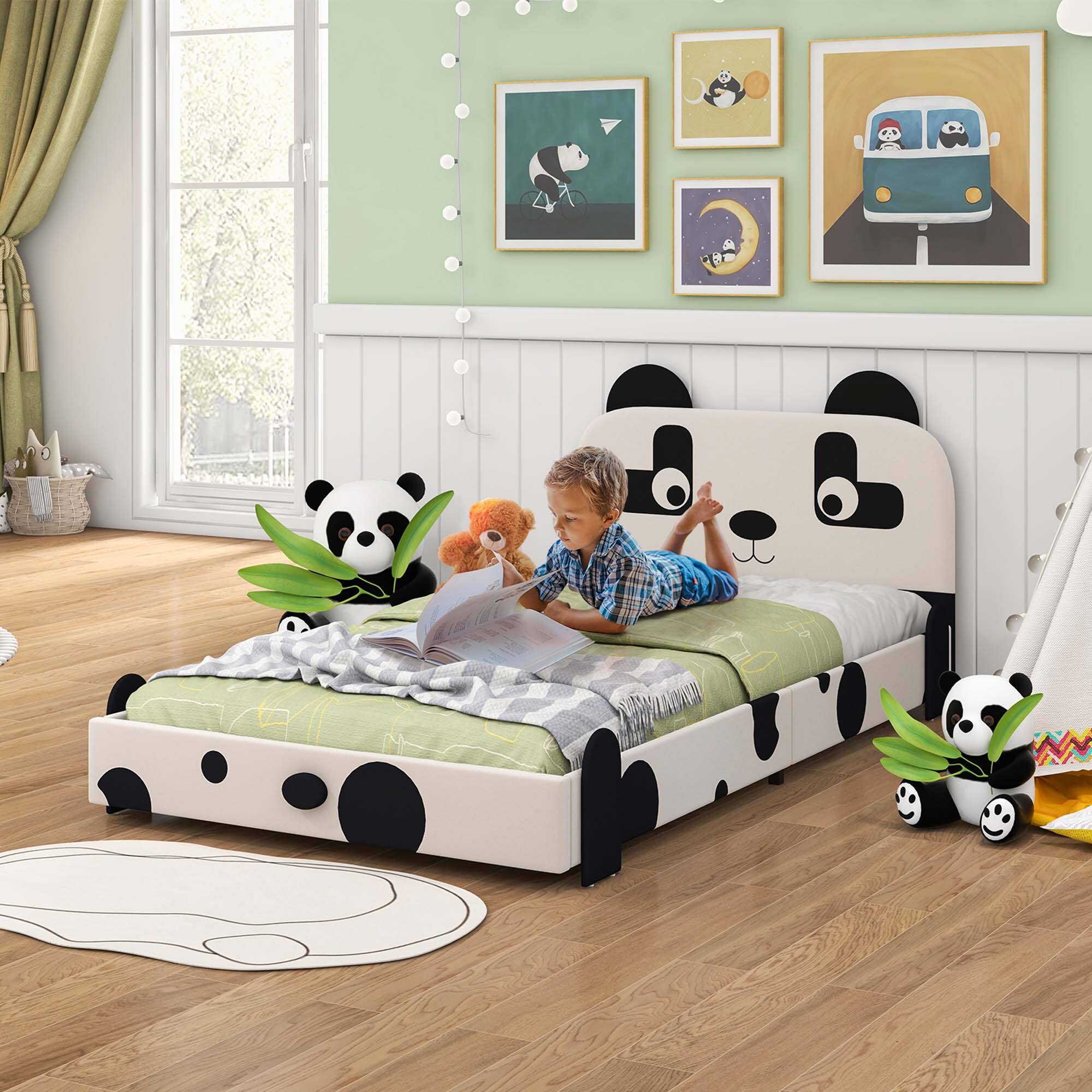 Alt View 9. Costway - Costway Twin Size Kids Bed Toddler Upholstered Low Profile Bed Frame with Panda Headboard - White.