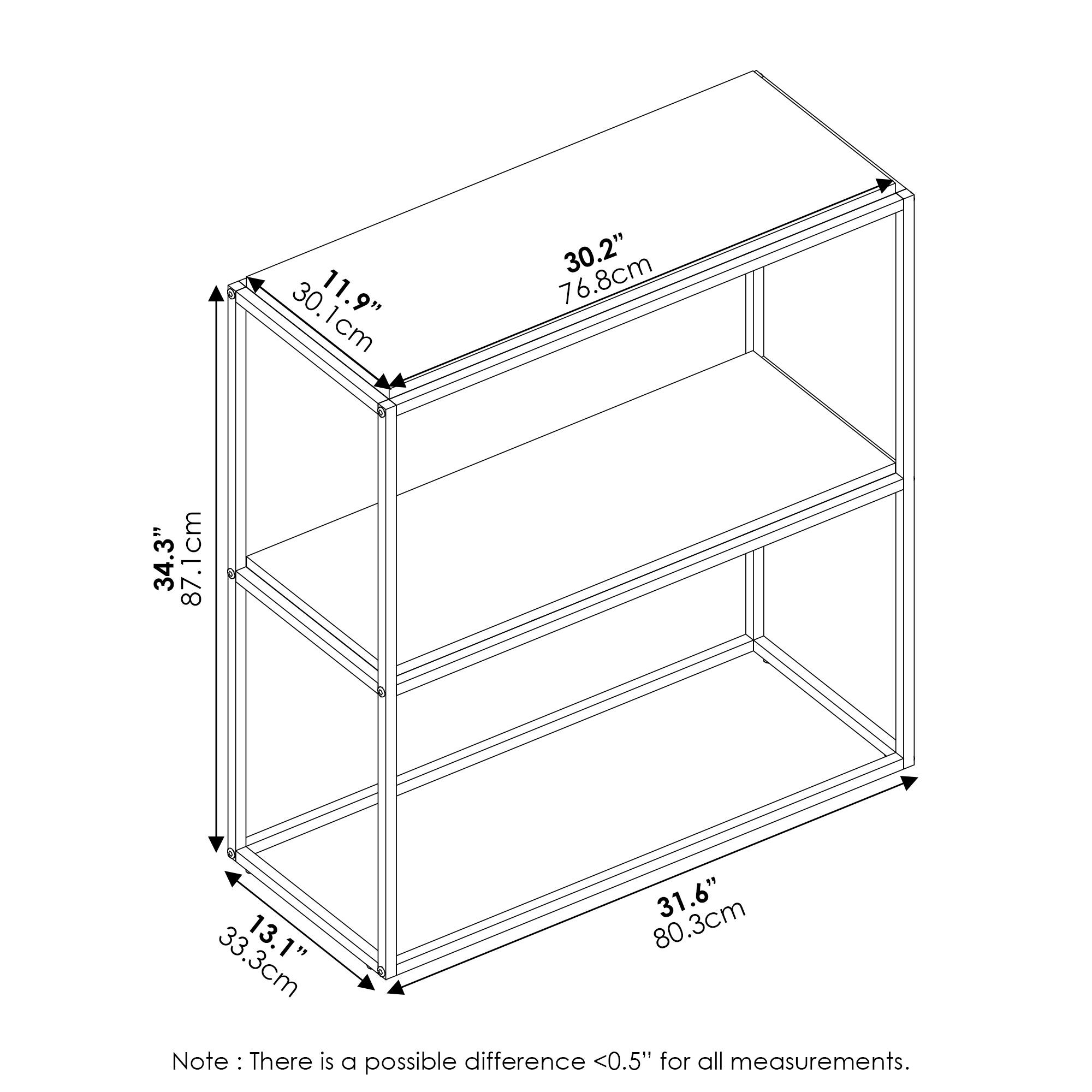 30.1 cm (11.9")  
30.2" (76.8 cm)  
34.3" (87.1 cm)  
31.6" (80.3 cm)  
13.1" (33.3 cm)  

Note: There is a possible difference <0.5" for all measurements.