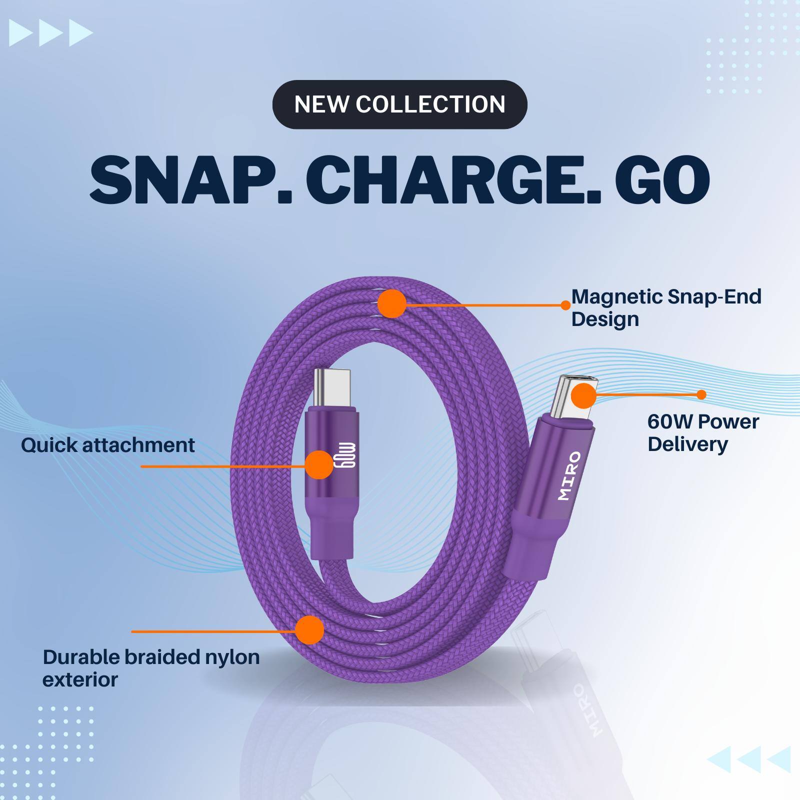 Alt View 4. Miro - U4 Series 360°Magnetic 60W High Speed Braided Wire Charging Cable Fast Charging for Apple & Type-C Devices - Blue.