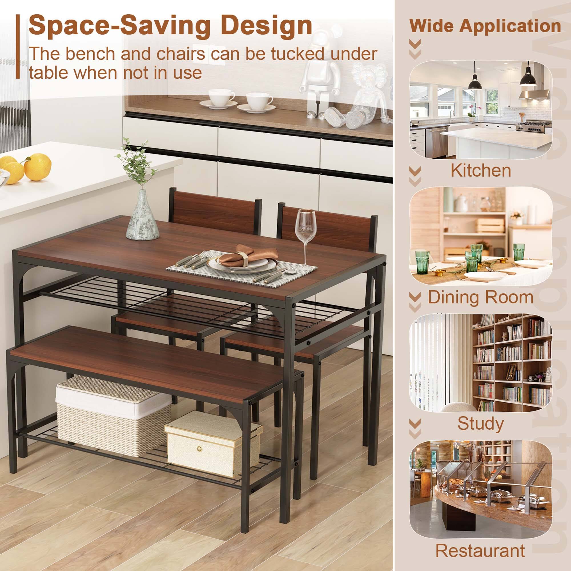 Space-Saving Design: The bench and chairs can be tucked under the table when not in use. Wide Application: This design can be used in various spaces such as kitchens, dining rooms, restaurants, and study areas.