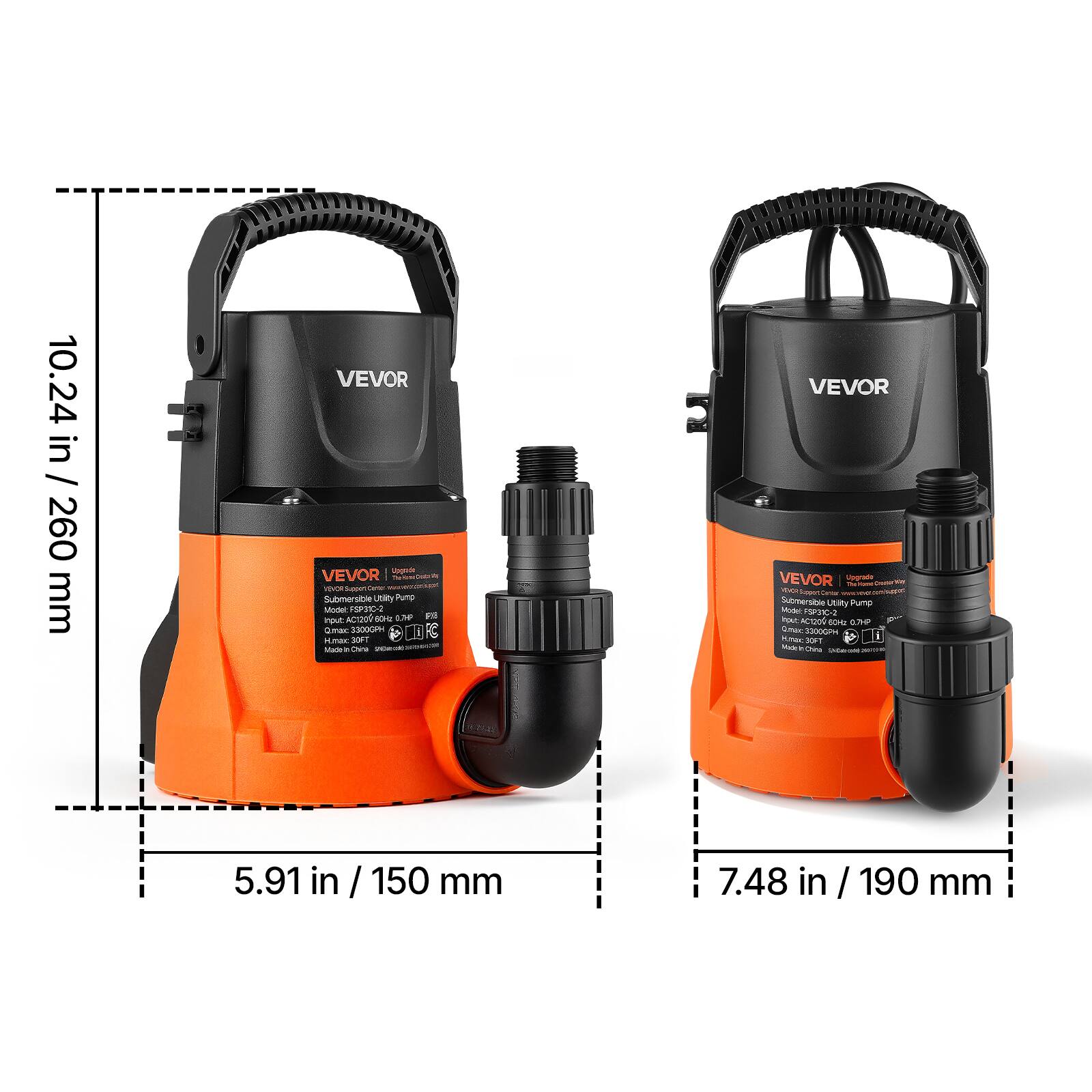 in 10.24 / 260 mm

VEVOR VEVOR Super Curner Submersible Utility Pump Model: PSP3IC-2 2 AC 60-c UP P8 ingut: Qmac 33003PH I H Lmac 30FT Madein

VEVOR VEVOR Upgrade Submersible Utility Pump Model PSP2IC-2 60Hz 0.7HP Quesa: 33000PH 30FT Model China

5.91 in / 150 mm

7.48 in / 190 mm