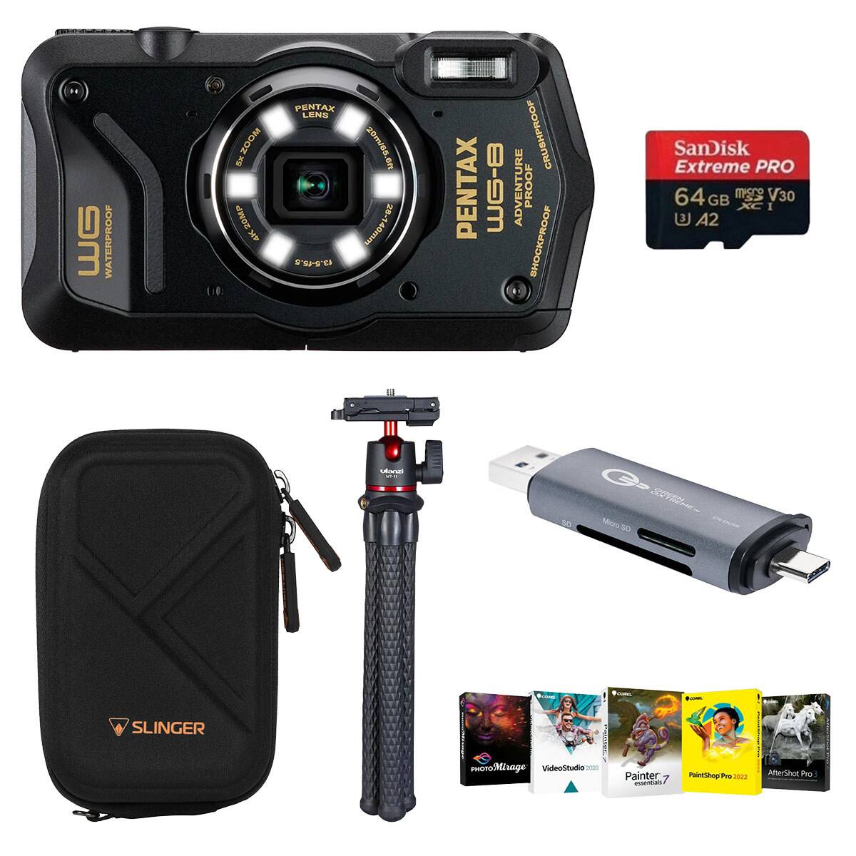 WG  
WATERPROOF  
BX ZOOM 20MP 4K  
PENTAX LENS 13.5-15.5  
20m/65ft 6ft 28-140mm  
PENTAX  
8-9m  
ADVENTURE PROOF CRUSHPROOF SHOCKPROOF  
SanDisk Extreme PRO 64 GB V30 XCI U A2  
ulanzi 10-01  
Micro SD  
CORE  
Room  
SLINGER  
PHOTO oMirage VideoStudio 2020  
Painter essentials  
PaintShop Pro 2022  
AfterShot Pro 1