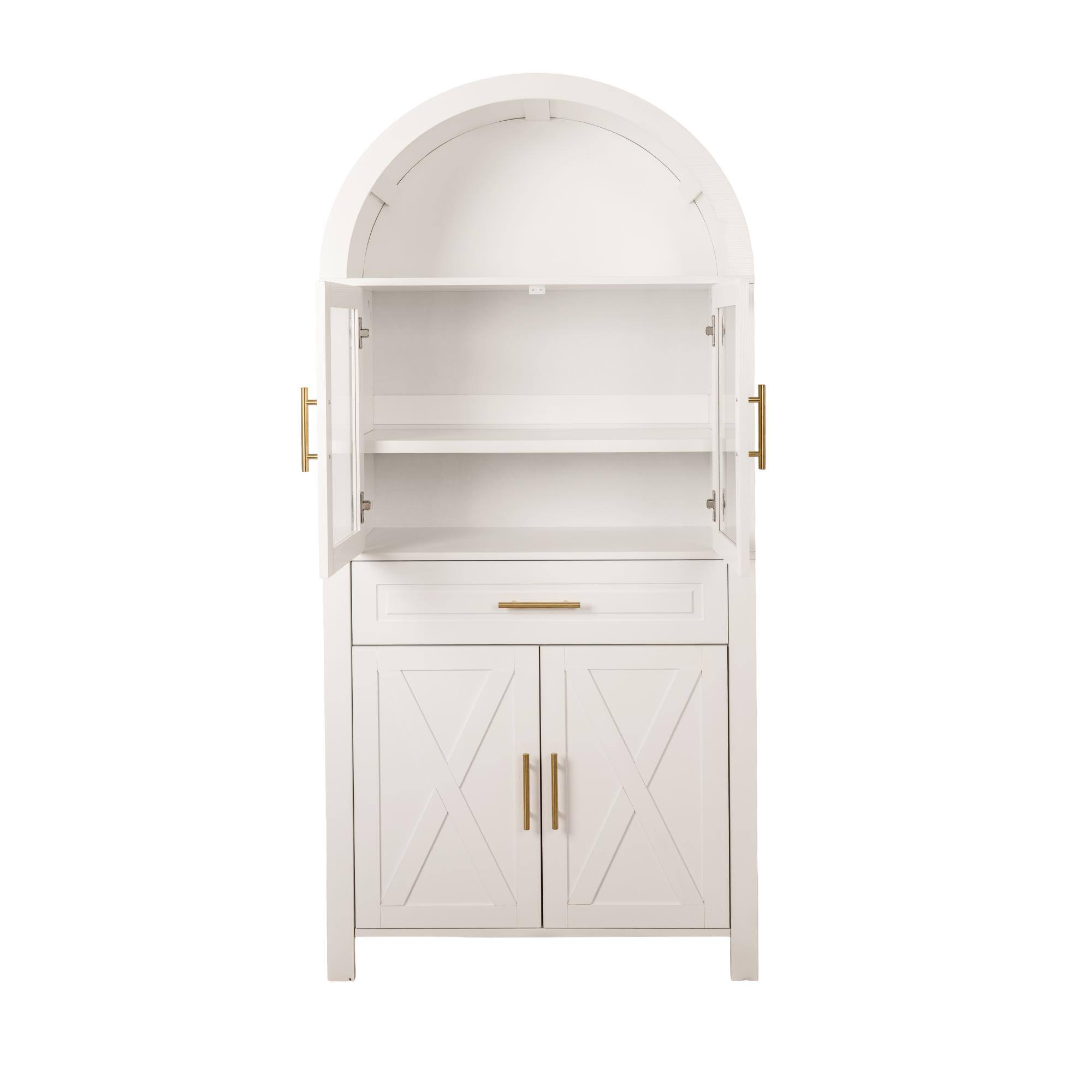 Alt View 10. Loheer - Loheer Arched Kitchen Pantry Cabinet, White Farmhouse Storage Cabinet with Glass Doors, Drawer, Adjustable Shelves - White.
