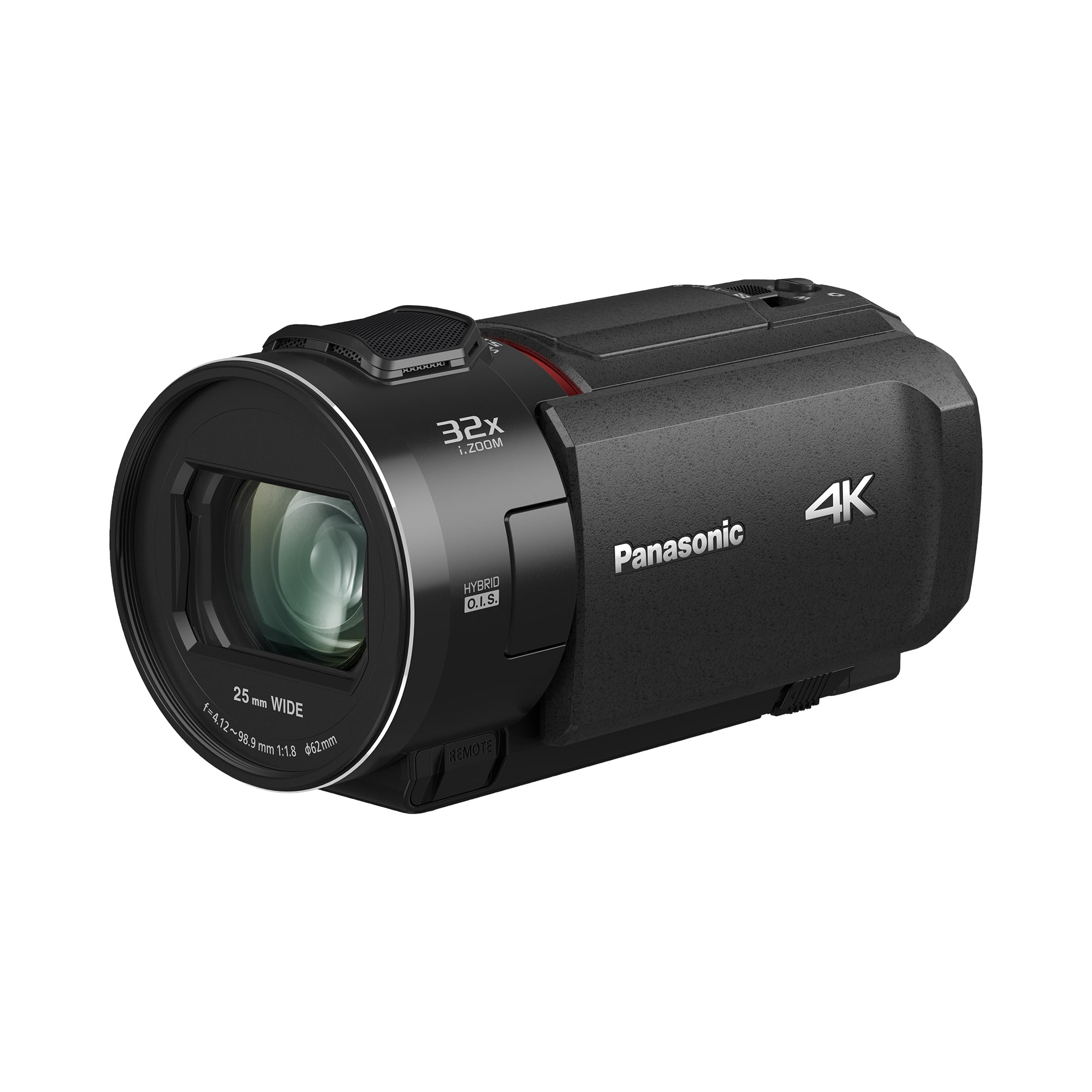 The text on the image reads: "32x i.ZOOM HYBRID 4K Panasonic 25mm 1.12~989 12.99mm 1:18 REMOTE."