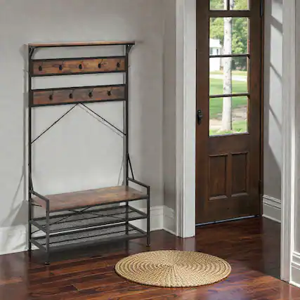 Front. Hivvago - Freestanding Coat Rack with Shoe Bench and 11 Hooks for Entryway - Rustic Brown.