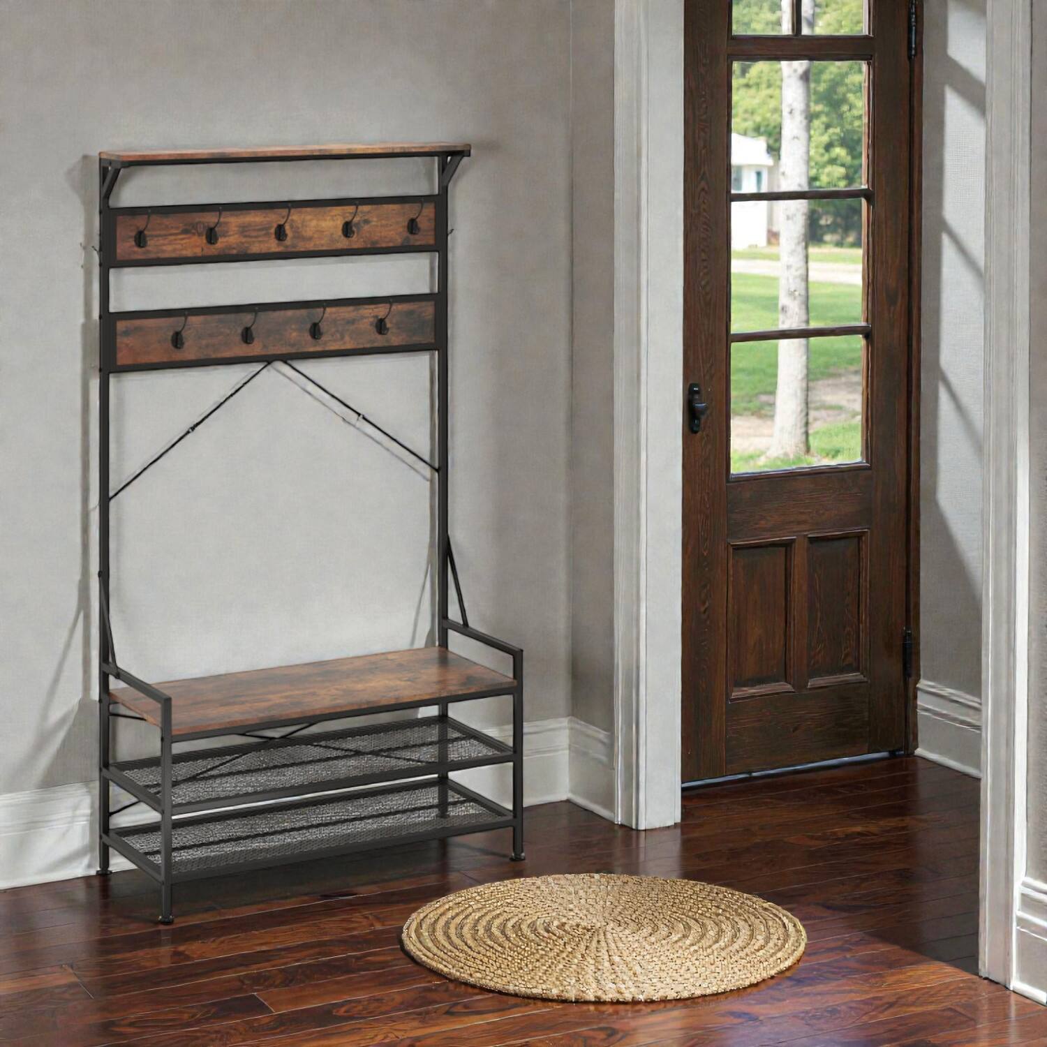 Front. Hivvago - Freestanding Coat Rack with Shoe Bench and 11 Hooks for Entryway - Rustic Brown.