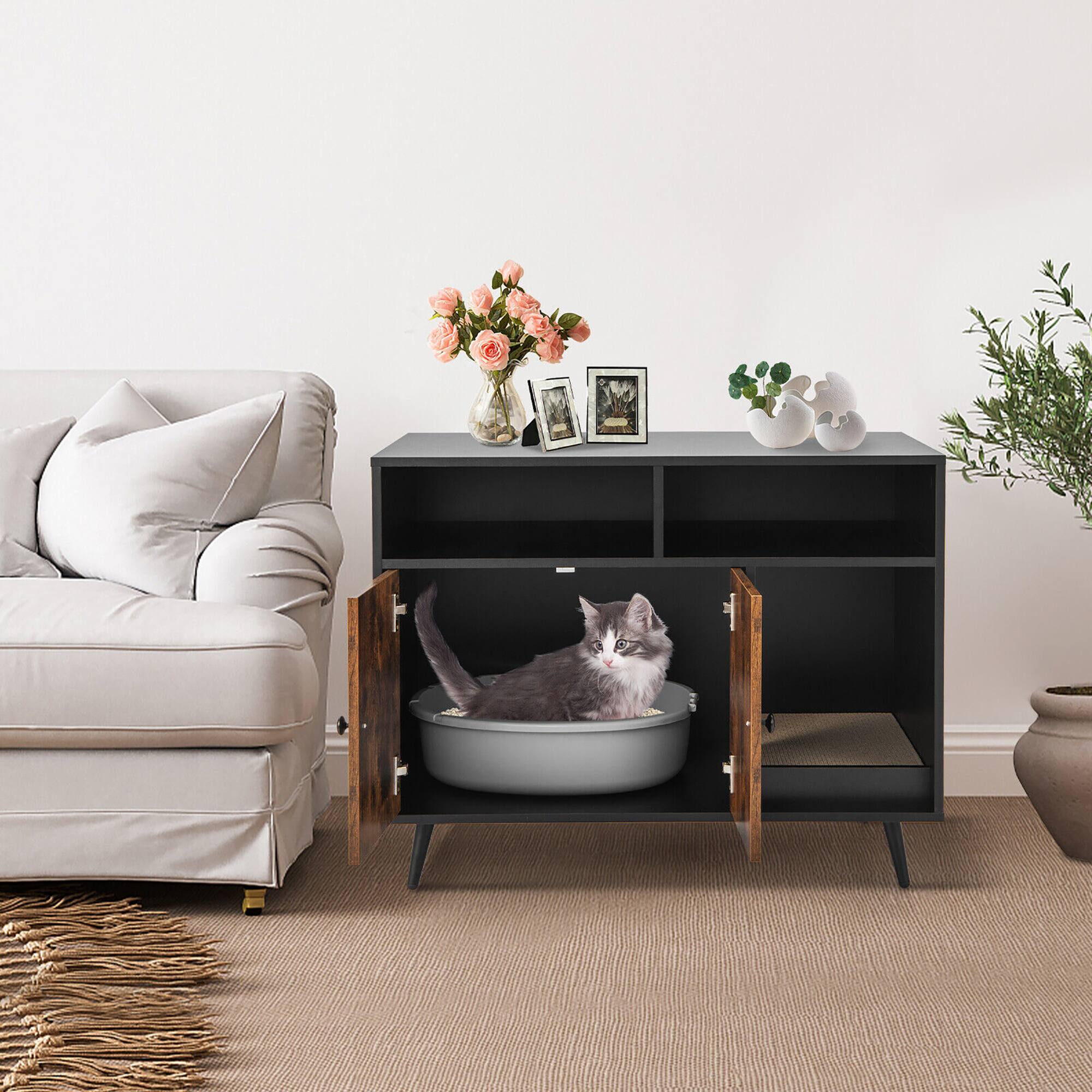 Alt View 3. Gymax - Gymax Cat Litter Box Enclosure w/ Scratching Pad End Table Nightstand Hidden Washroom - Black,Rustic Brown.