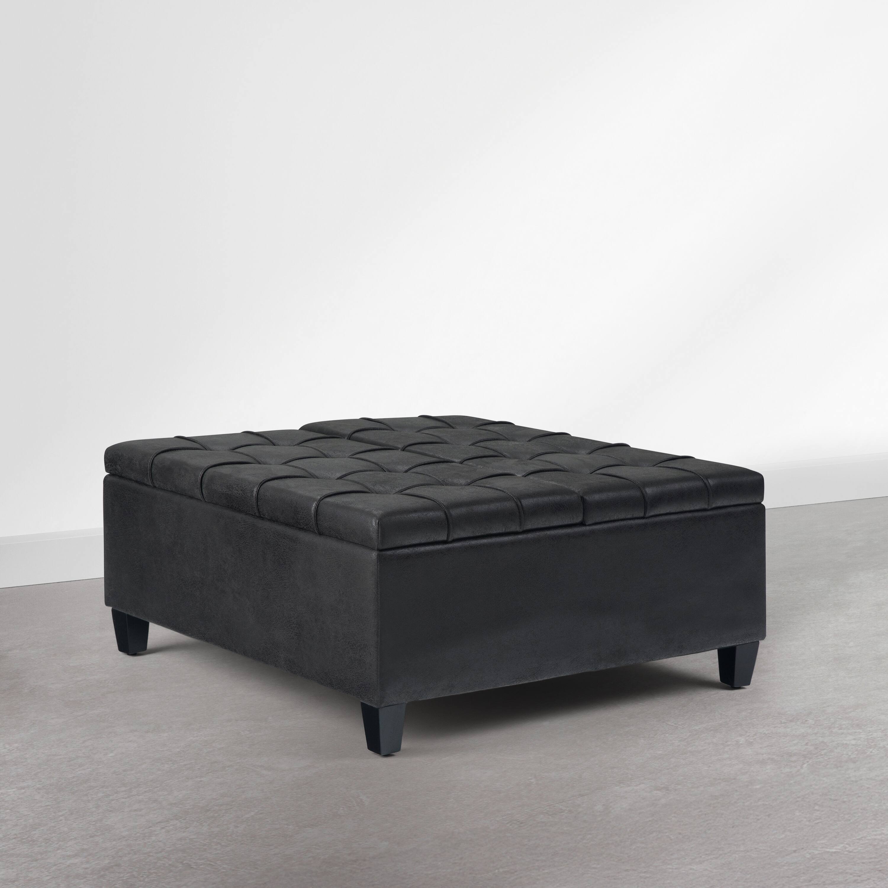 Angle. Simpli Home - Harrison 36 inch Wide Upholstered Solid Wood Square Storage Ottoman, Distressed Graphite Black - Distressed Graphite Black.