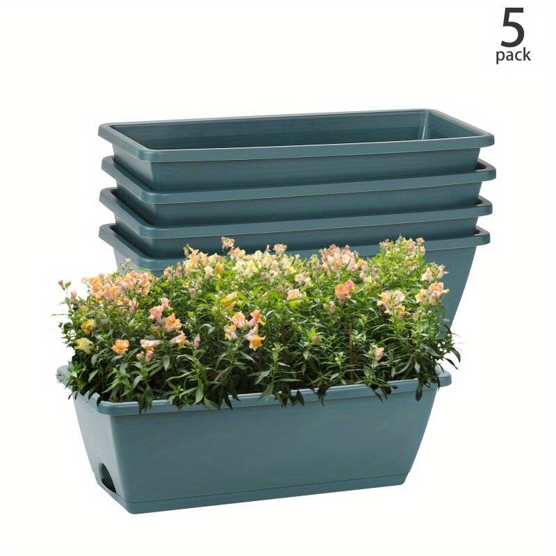 Front. Oumilen - 5-Pack Window Planter Boxes, Green Rectangular Plastic Plant Pots with Self-Watering Base for Balcony Windowsill Garden.