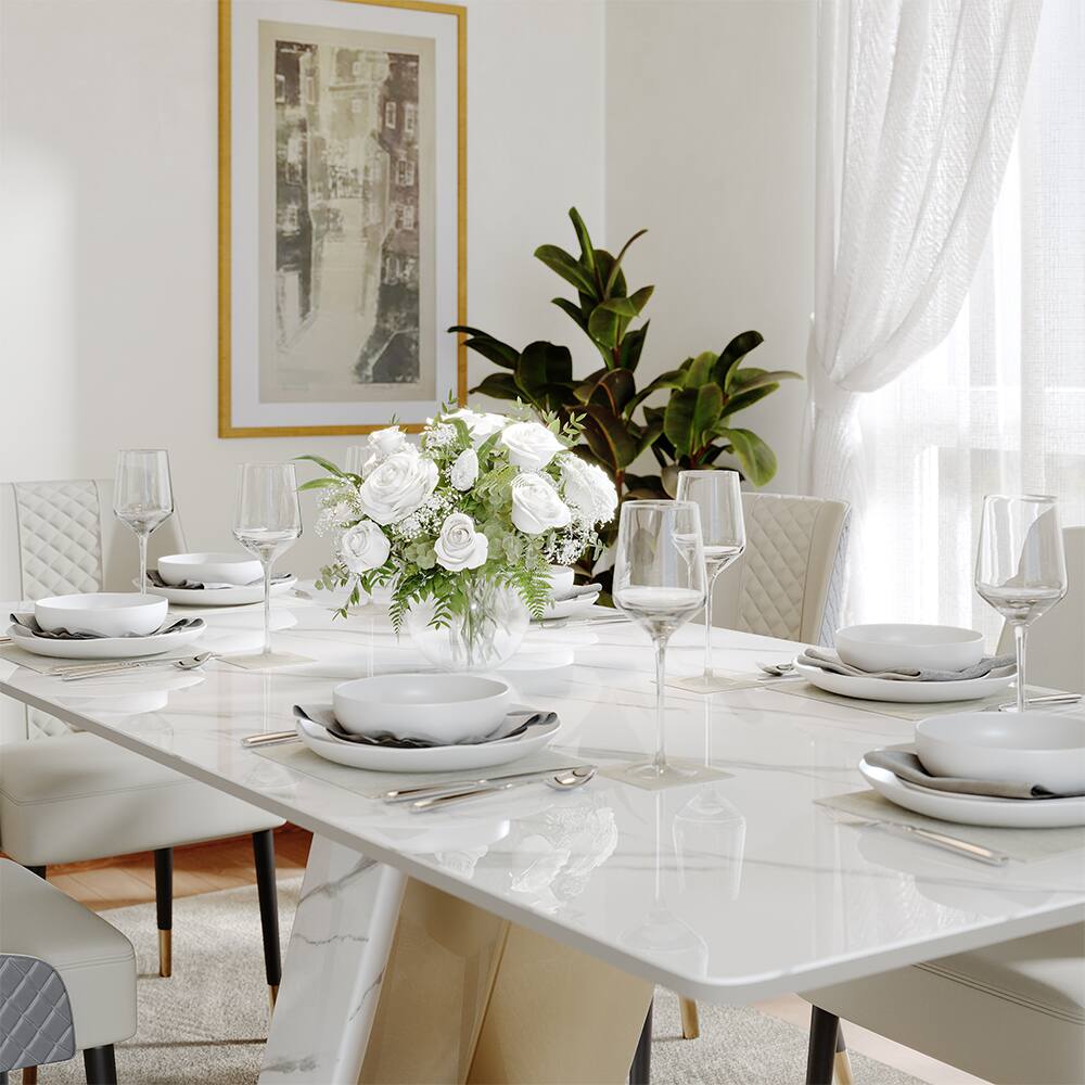 Back. POVISON - 71"Modern Glossy White Sintered Stone Rectangular Dining Table for 4-6, White & Gold Z-shaped Stainless Steel Base - White & Gold.