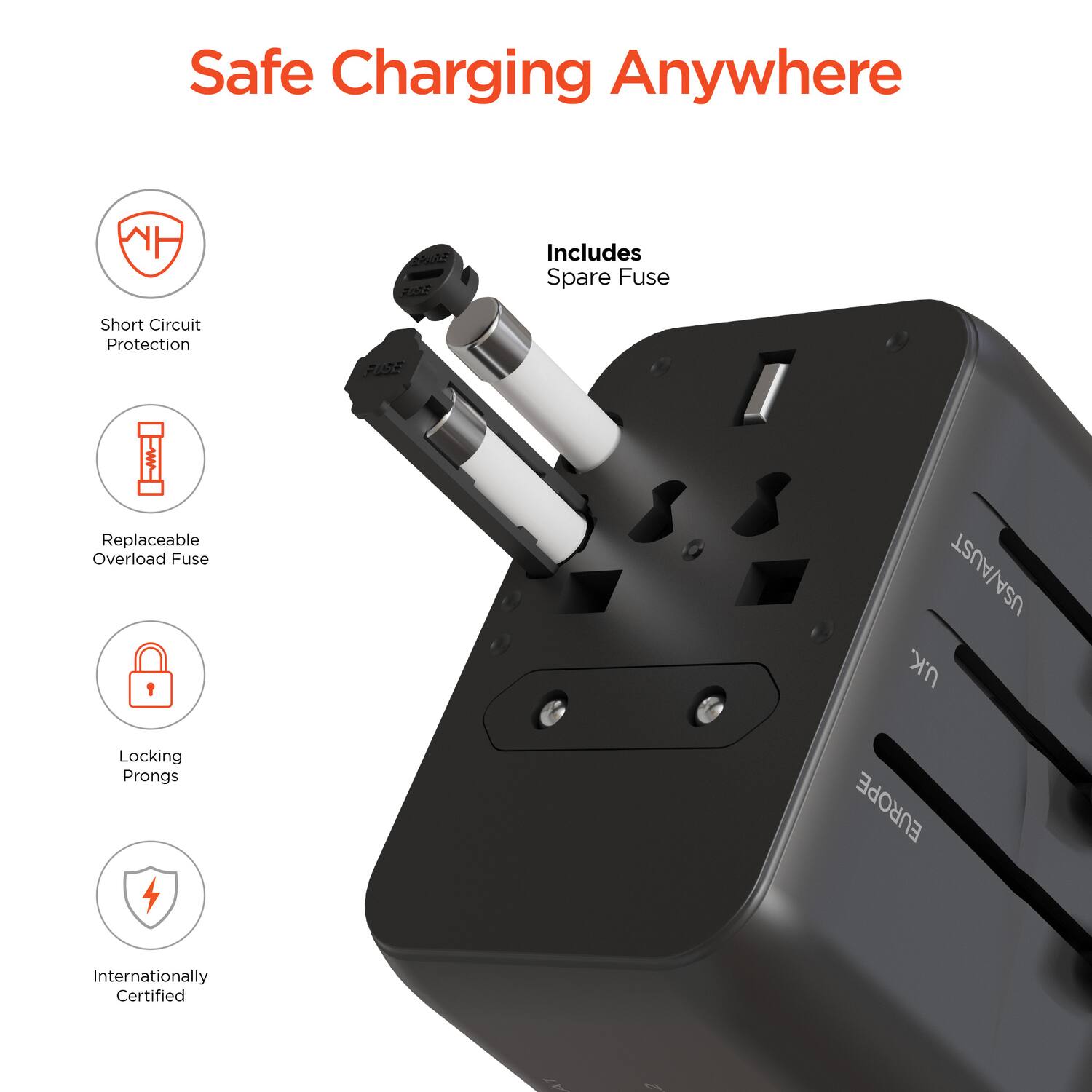 Safe Charging Anywhere

Includes Spare Fuse

- Short Circuit Protection
- Replaceable Overload Fuse
- Locking Prongs
- Internationally Certified

USA/AUST U.K. EUROPE