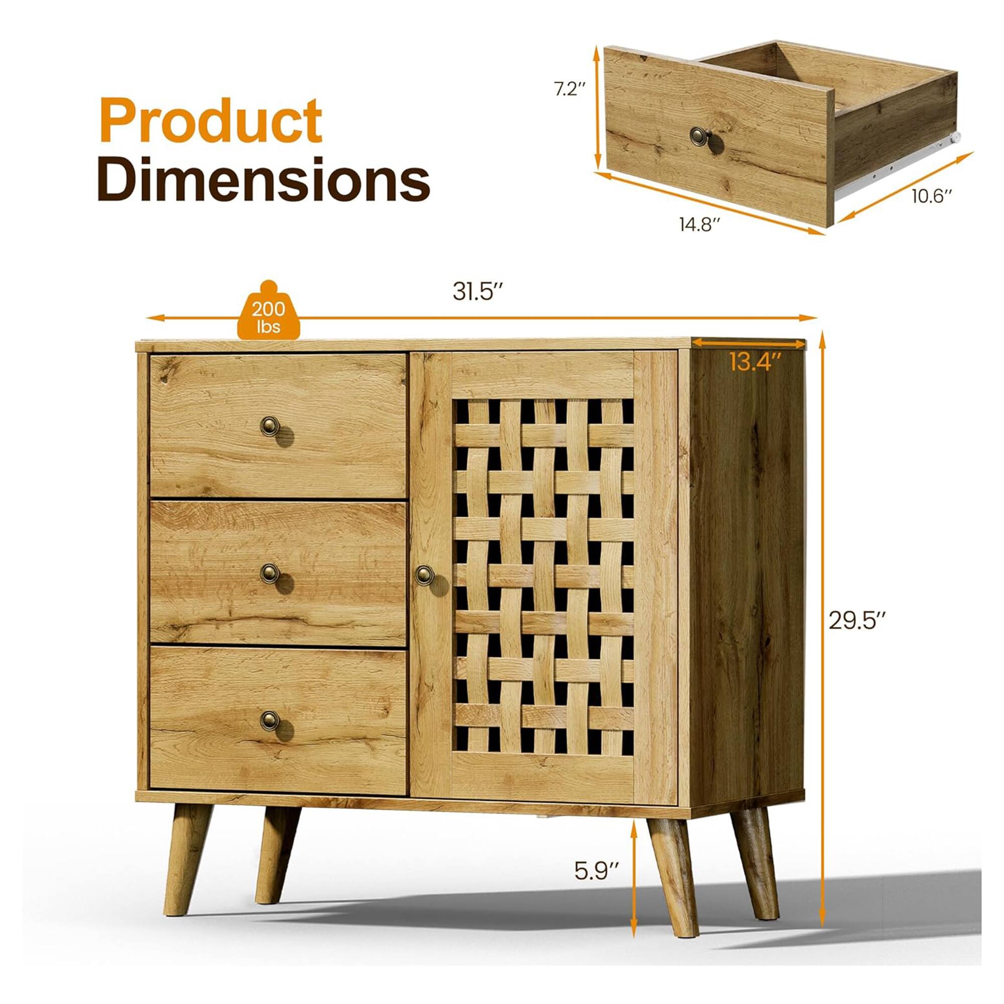 Product Dimensions: 7.2" x 14.8" x 10.6"  
Weight Capacity: 200 lbs  
Overall Dimensions: 31.5" x 13.4" x 29.5"  
Height: 5.9"