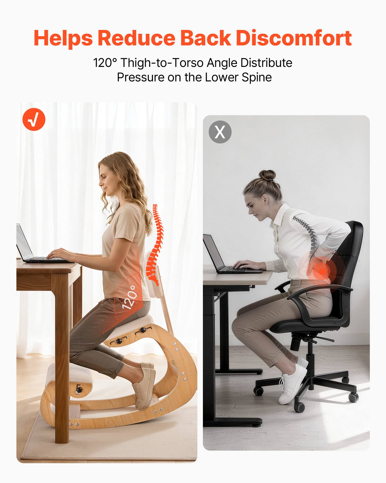 Helps Reduce Back Discomfort  
120° Thigh-to-Torso Angle Distribute Pressure on the Lower Spine