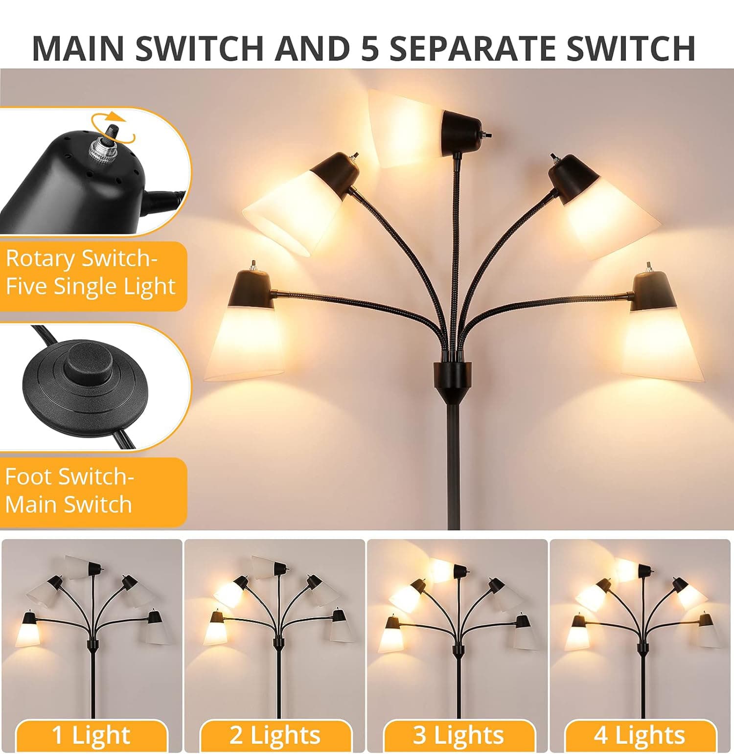 FINEAK Modern Medusa Multi Head LED Floor Lamp Black Rustic Adjustable ...