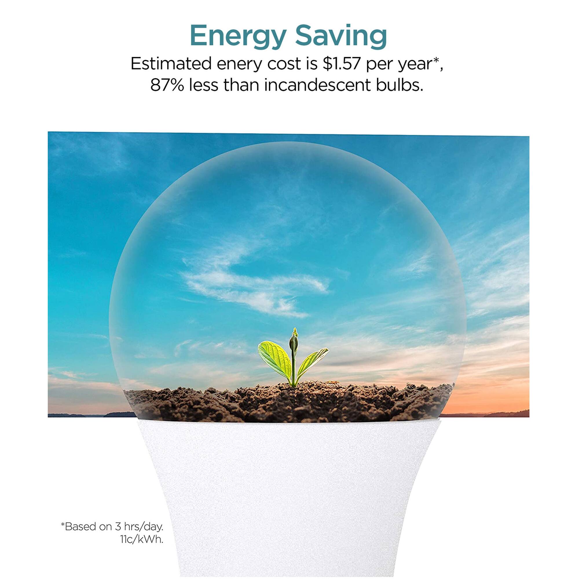 Energy Saving  
Estimated energy cost is $1.57 per year*, 87% less than incandescent bulbs.  
*Based on 3 hrs/day. 11c/kWh.
