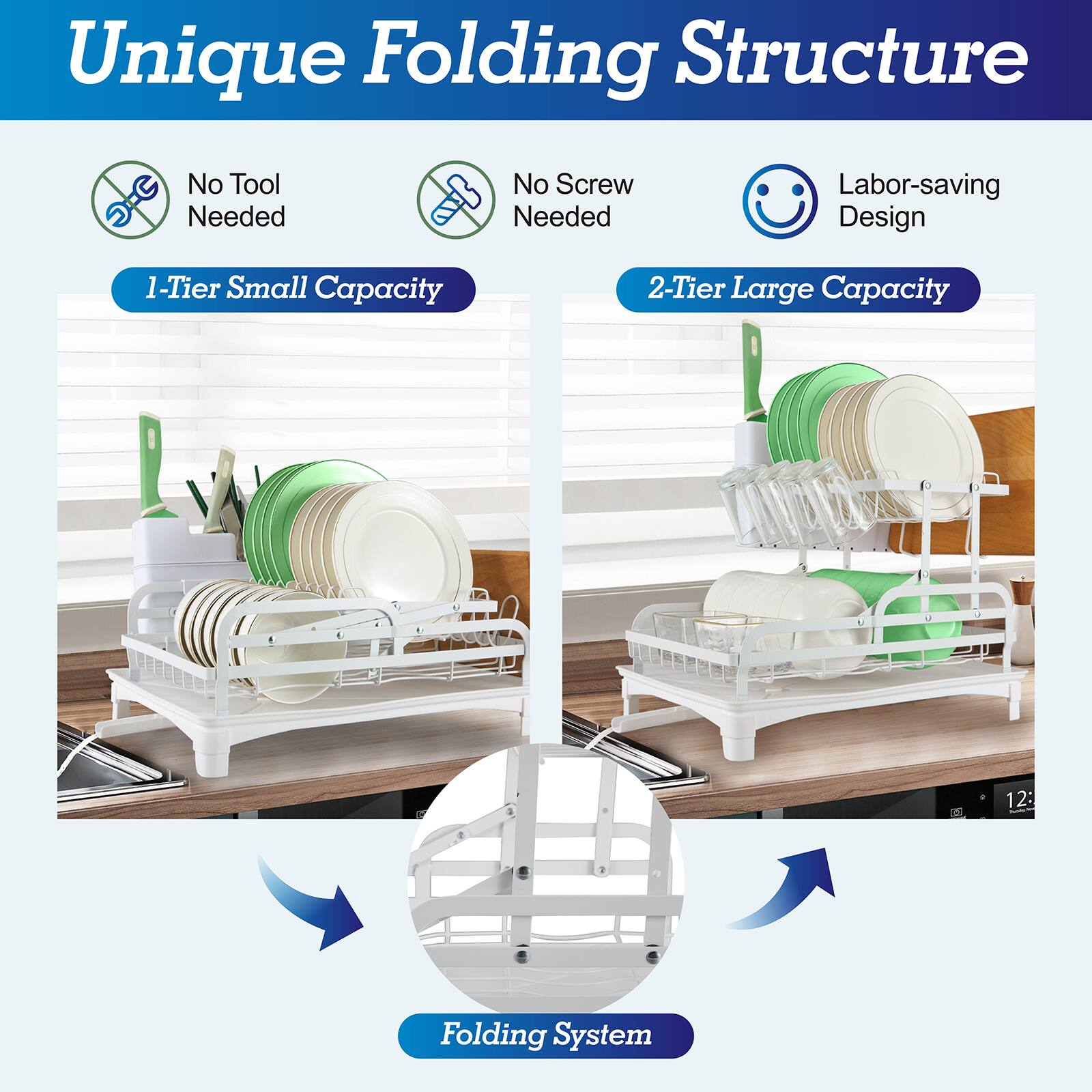 Unique Folding Structure

- No Tool Needed
- No Screw Needed
- Labor-saving Design

1-Tier Small Capacity

2-Tier Large Capacity

Folding System
