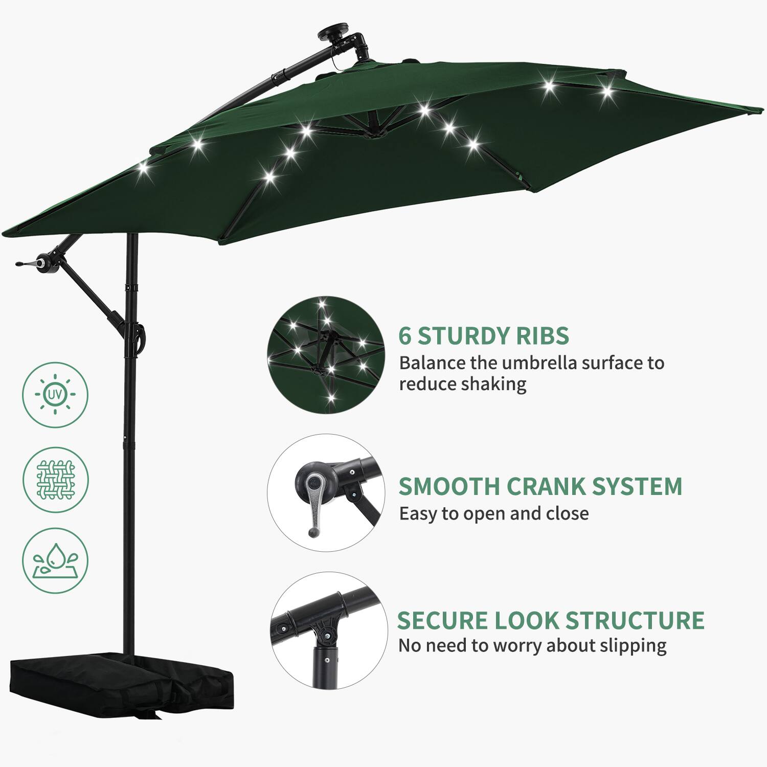UV 6 STURDY RIBS  
Balance the umbrella surface to reduce shaking  

SMOOTH CRANK SYSTEM  
Easy to open and close  

SECURE LOOK STRUCTURE  
No need to worry about slipping