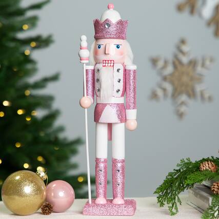 Front. Northlight - Jeweled and Glittered Nutcracker King Christmas Figure - 15" - Pink and White - Pink.