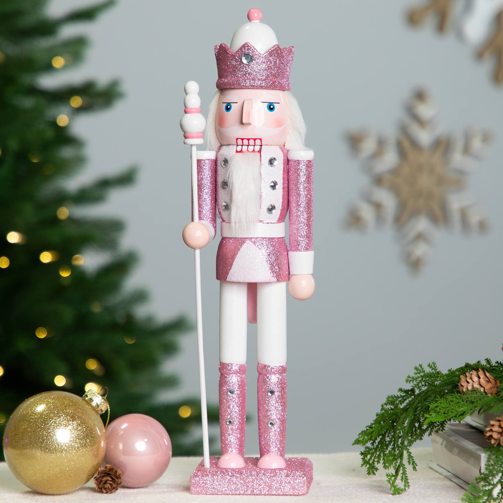 Front. Northlight - Jeweled and Glittered Nutcracker King Christmas Figure - 15" - Pink and White - Pink.