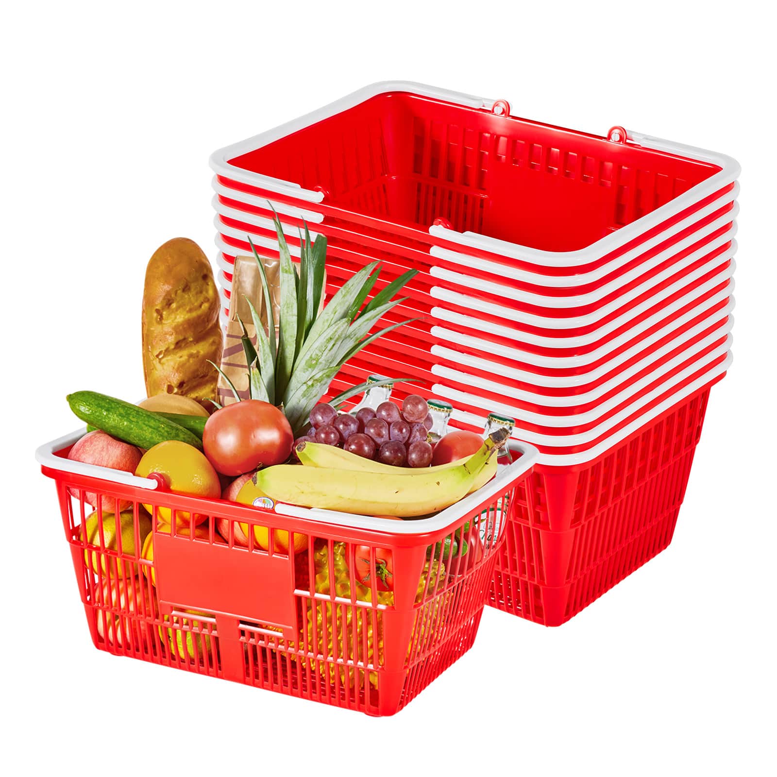 VEVOR - Shopping Baskets, 12 PCS, 21L Stackable PE Plastic Grocery Baskets with Handles, Dense Mesh Structure - Red