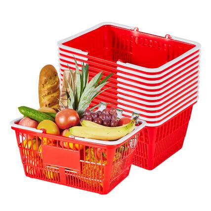 Front. VEVOR - Shopping Baskets, 12 PCS, 21L Stackable PE Plastic Grocery Baskets with Handles, Dense Mesh Structure - Red.
