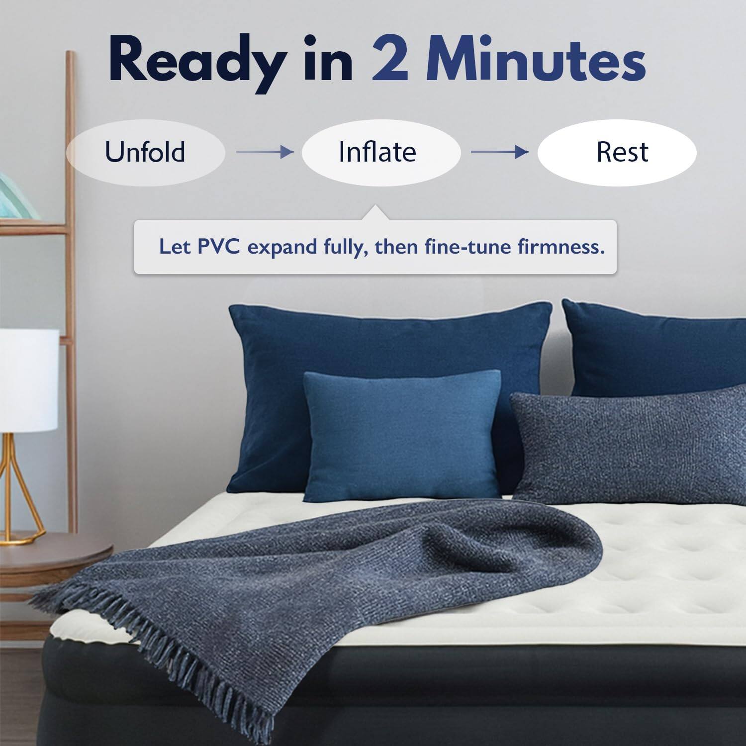 Ready in 2 Minutes

1. Unfold
2. Inflate
3. Rest

Let PVC expand fully, then fine-tune firmness.