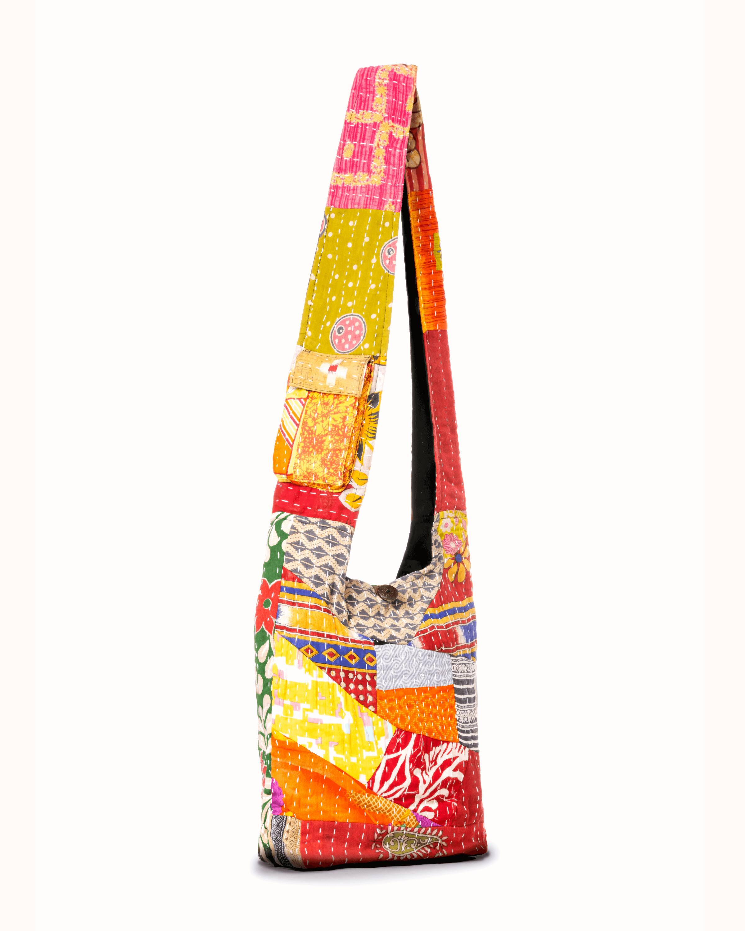 Angle. Kathmandu Collection - Kantha Patchwork Hobo Bag - Patchwork Multicolor.