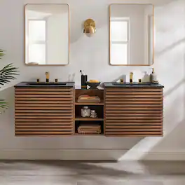 Render Wall-Mount Bathroom Vanity with Black Basin Included by Modway - Walnut Black