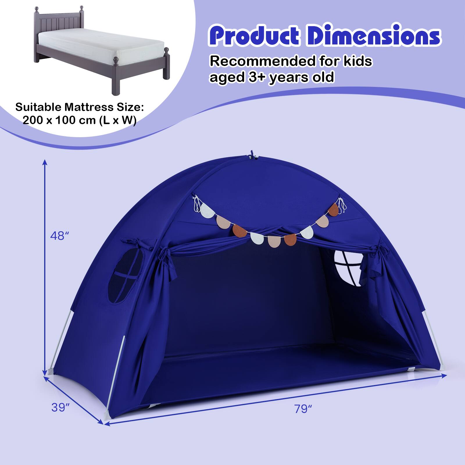 Product Dimensions  
Recommended for kids aged 3+ years old  

Suitable Mattress Size: 200 x 100 cm (L x W)  

48"  
39"  
79"