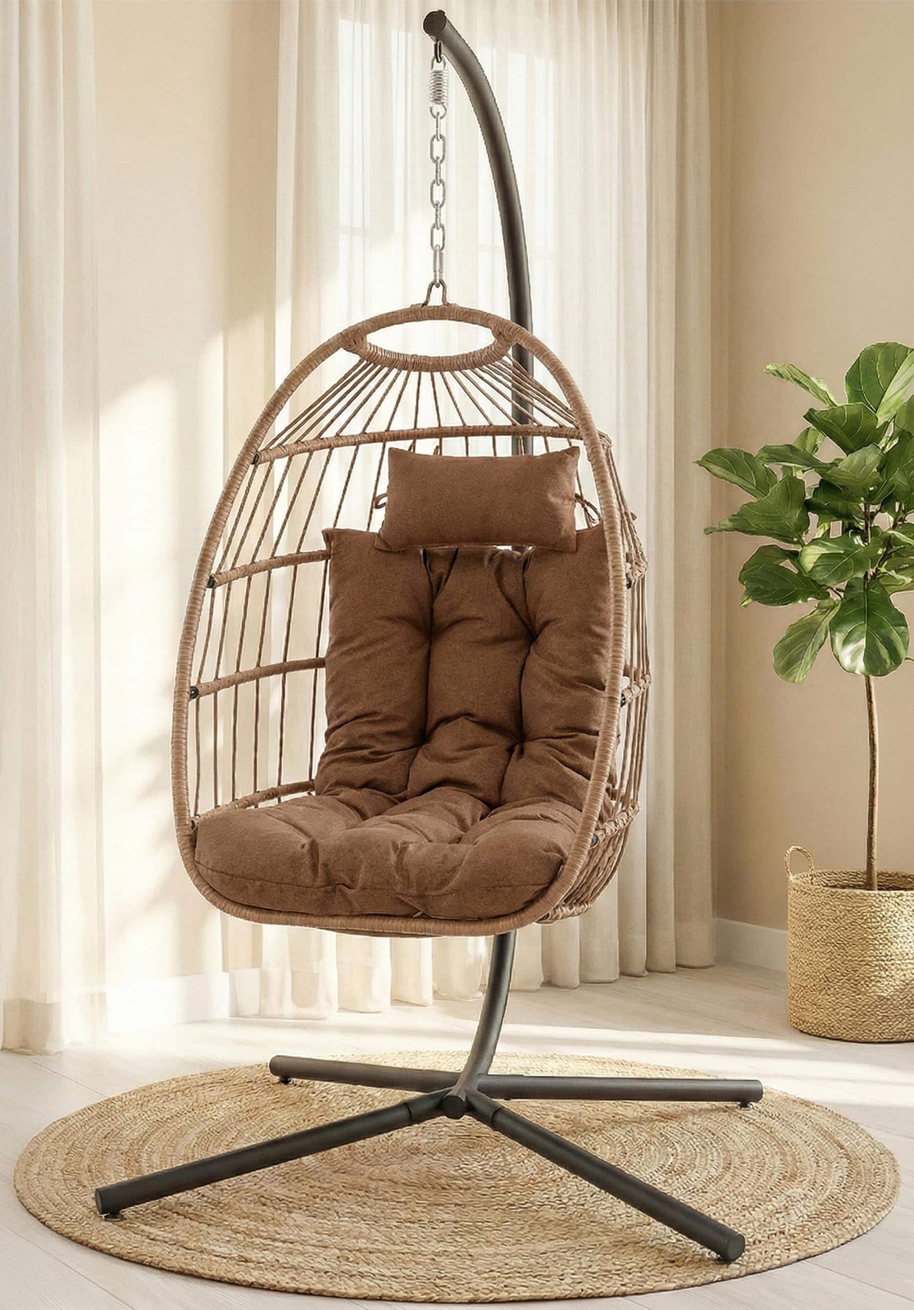SereneLife - Egg Chair with Stand, Hanging Rattan Wicker Swing, 350 lbs Capacity, Breathable Cushion - SWC55B