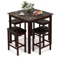 Costway - 5 PCS Bar Table Set Square Dining Table & 4 PVC Leather Upholstered Bar Stools - Brown - Front_Zoom