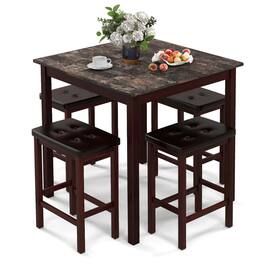 Costway - 5 PCS Bar Table Set Square Dining Table & 4 PVC Leather Upholstered Bar Stools - Brown