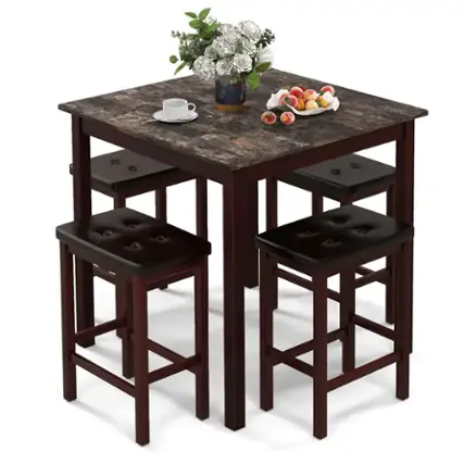 Front. Costway - 5 PCS Bar Table Set Square Dining Table & 4 PVC Leather Upholstered Bar Stools - Brown.