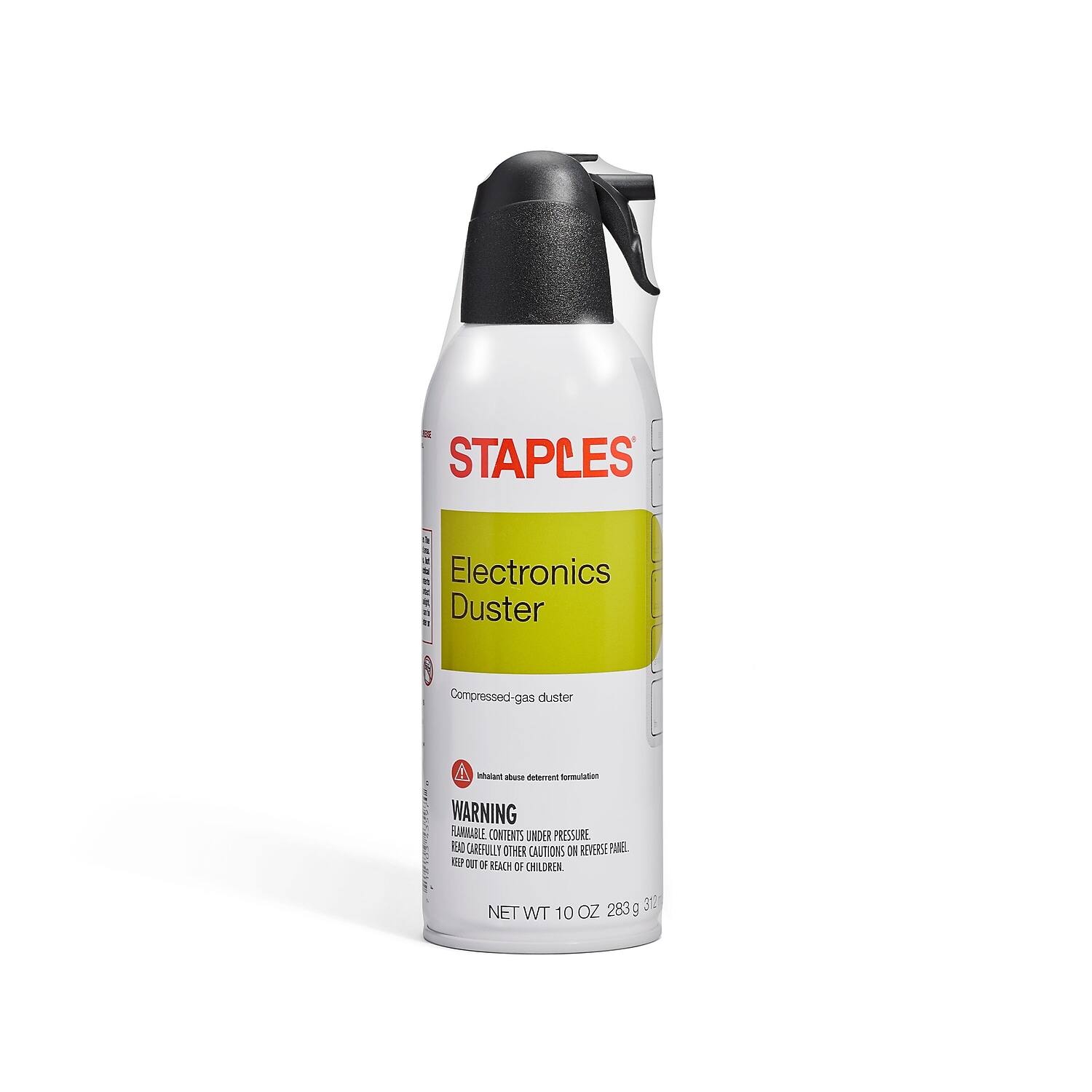 STAPLES  
Electronics Duster  
Compressed-gas duster  
Inhalant abuse deterrent  

WARNING  
FLAMMABLE CONTENTS UNDER PRESSURE  
READ CAREFULLY OTHER CAUTIONS ON REVERSE PANEL  
KEEP OUT OF REACH OF CHILDREN  

NET WT 10 OZ 283 g 311