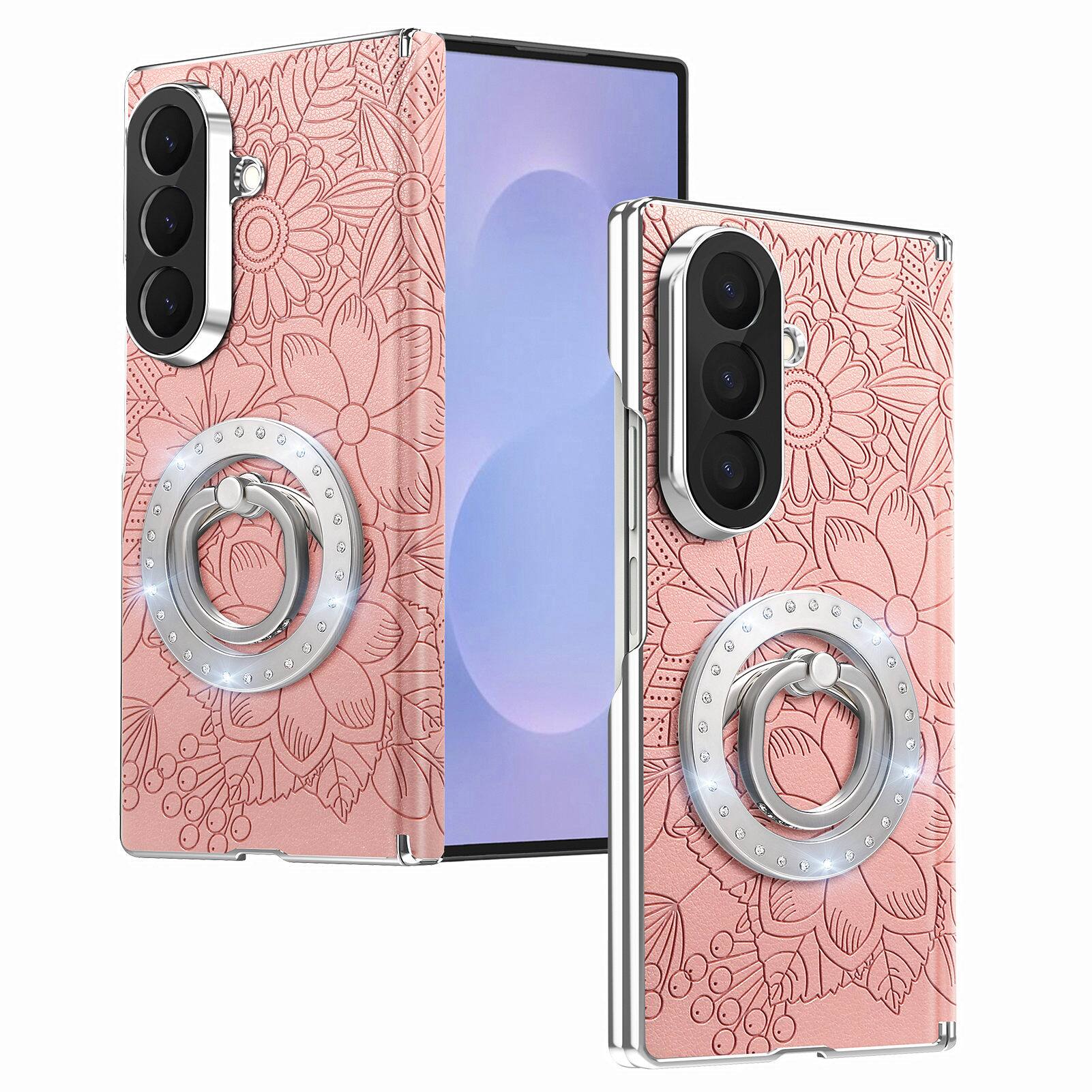 Angle. Dteck - Shockproof Leather Texture Case for Samsung Galaxy Z Fold8 Ultra with Ring Stand, Magnetic Rigid Plastic Hinge Cover - Pink.