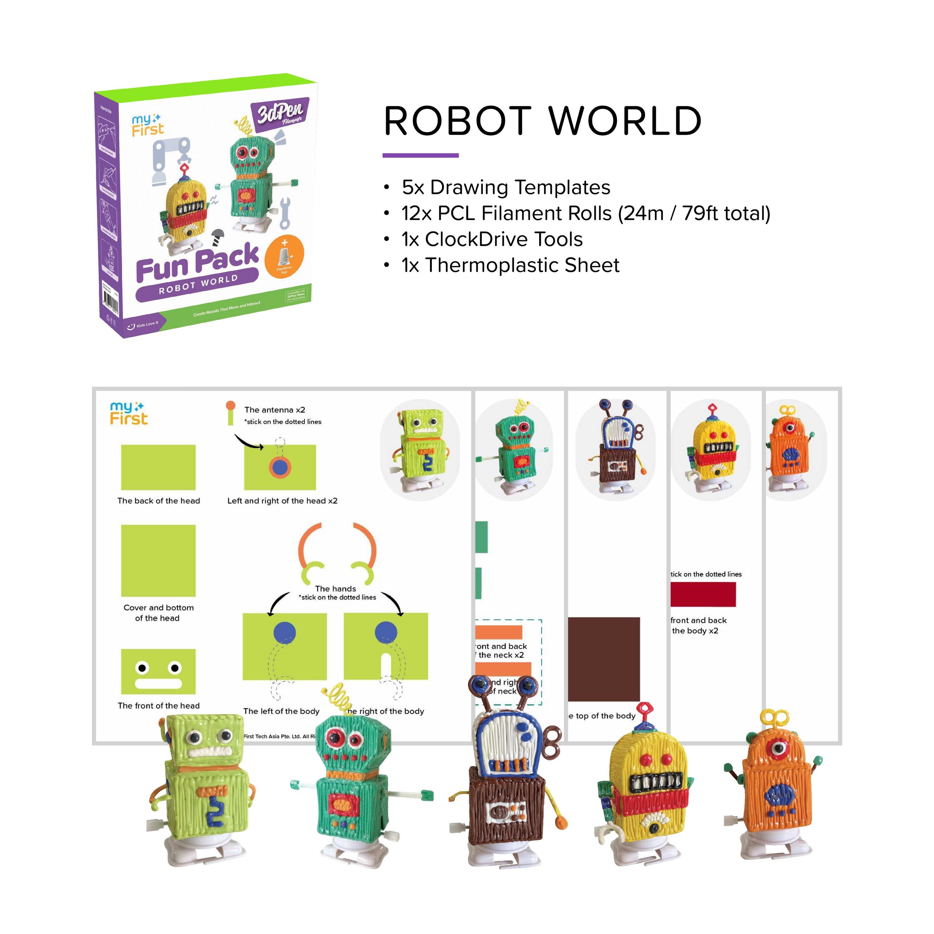 my First 3dPen ~ ROBOT WORLD IEA Fun Pack WORLD ROBOT CON - 5x Drawing Templates 12x PCL Filament Rolls (24m / 79ft total) 1x ClockDrive Tools 1x Thermoplastic Sheet

my First The antenna x2 - the do Snas *183 The back of the head and right of the head x -s - the coman Snes Cover and bottom and the head The hands - the - nas oe and back the neck 1 tront and back the body 2 n right n The tront of the head The len of the ody na night of The body + top of the body - - ... - - . 2
