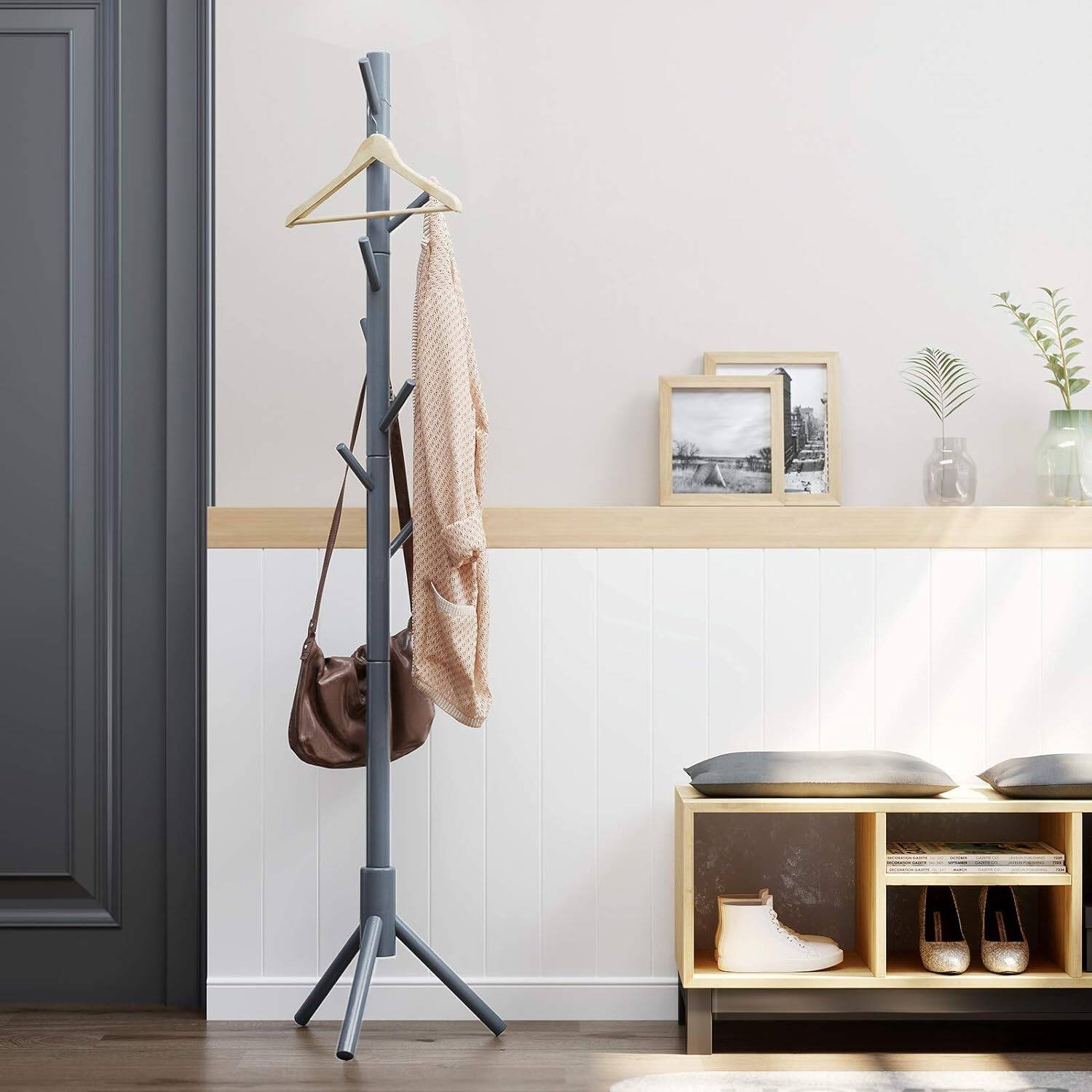 Alt View 4. Songmics Home - Solid Wood Free-Standing Tree-Shaped Coat Rack – 8 Hooks 3 Height Options in Gray - Gray.