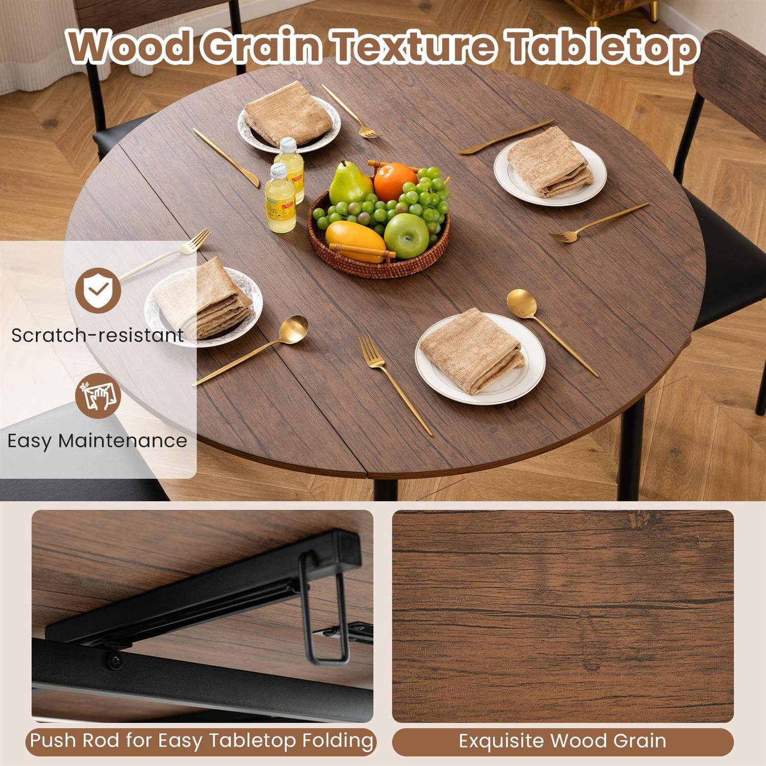 Wood Grain Texture Tabletop

- Scratch-resistant
- Easy Maintenance
- Push Rod for Easy Tabletop Folding
- Exquisite Wood Grain