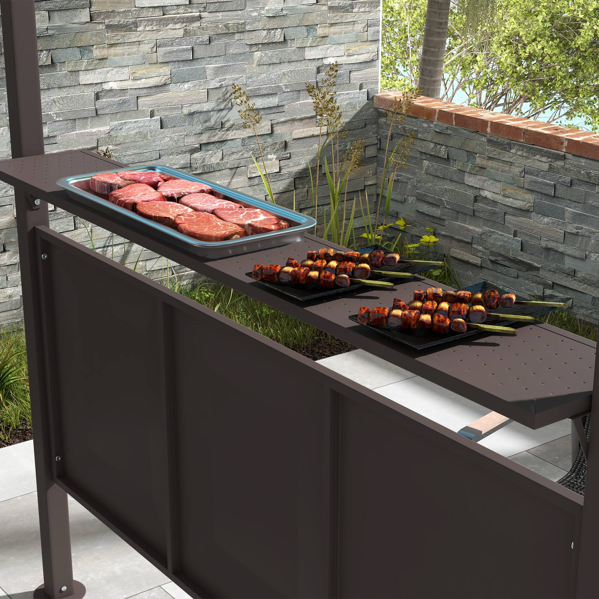 Alt View 7. Outsunny - 8'x5' BBQ Grill Gazebo with 2 Side Shelves, Outdoor Double Tiered Interlaced Polycarbonate Roof - Brown.