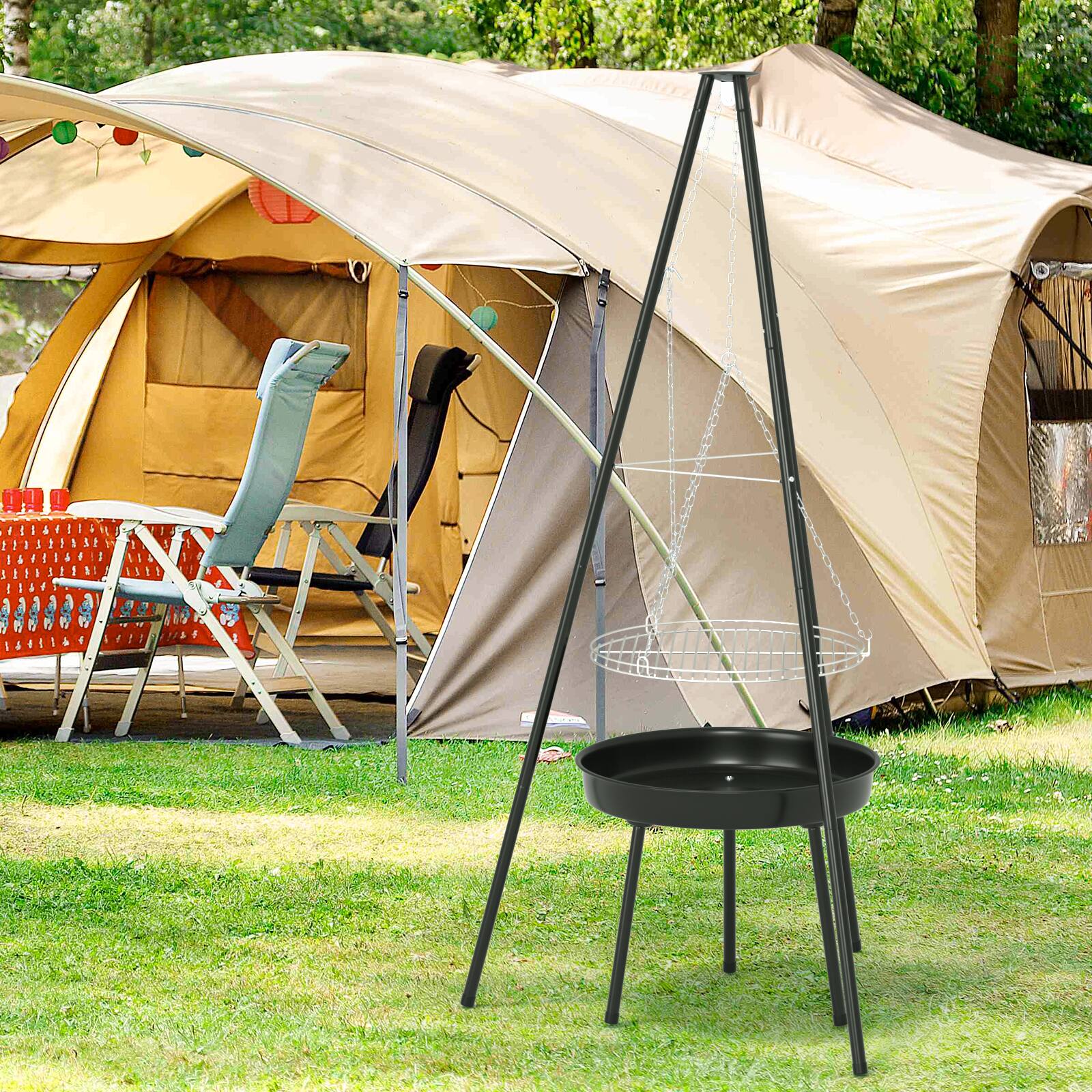 Alt View 6. Topteng - Extra Large Tripod Outdoor Fire Pit BBQ - Portable Steel Bowl with Adjustable Grill&Mesh Cover for Garden Patio Camping.