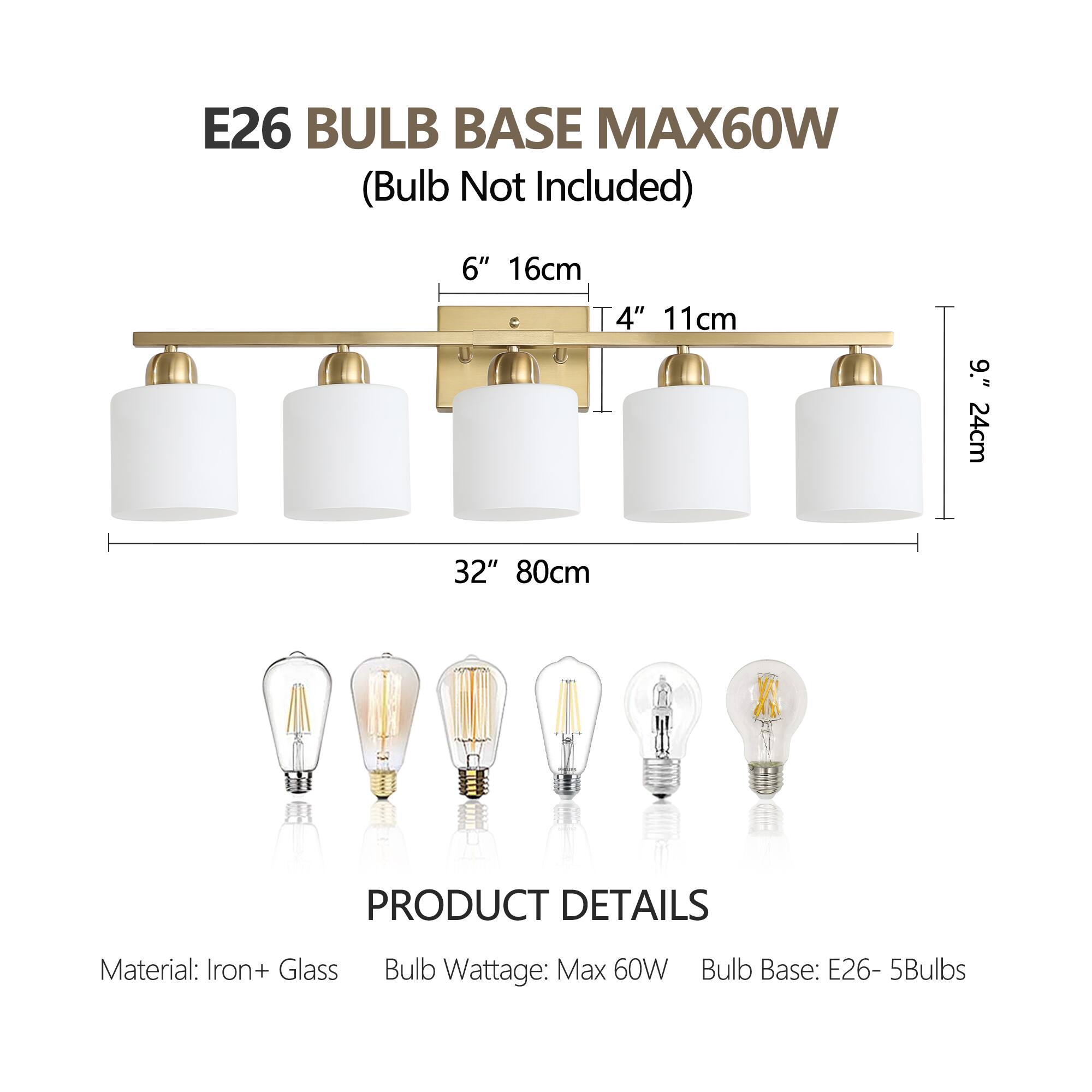 E26 BULB BASE MAX60W  
(Bulb Not Included)

6" 16cm  
4" 11cm  
9" 24cm  
32" 80cm

PRODUCT DETAILS  
Material: Iron + Glass  
Bulb Wattage: Max 60W  
Bulb Base: E26 - 5Bulbs