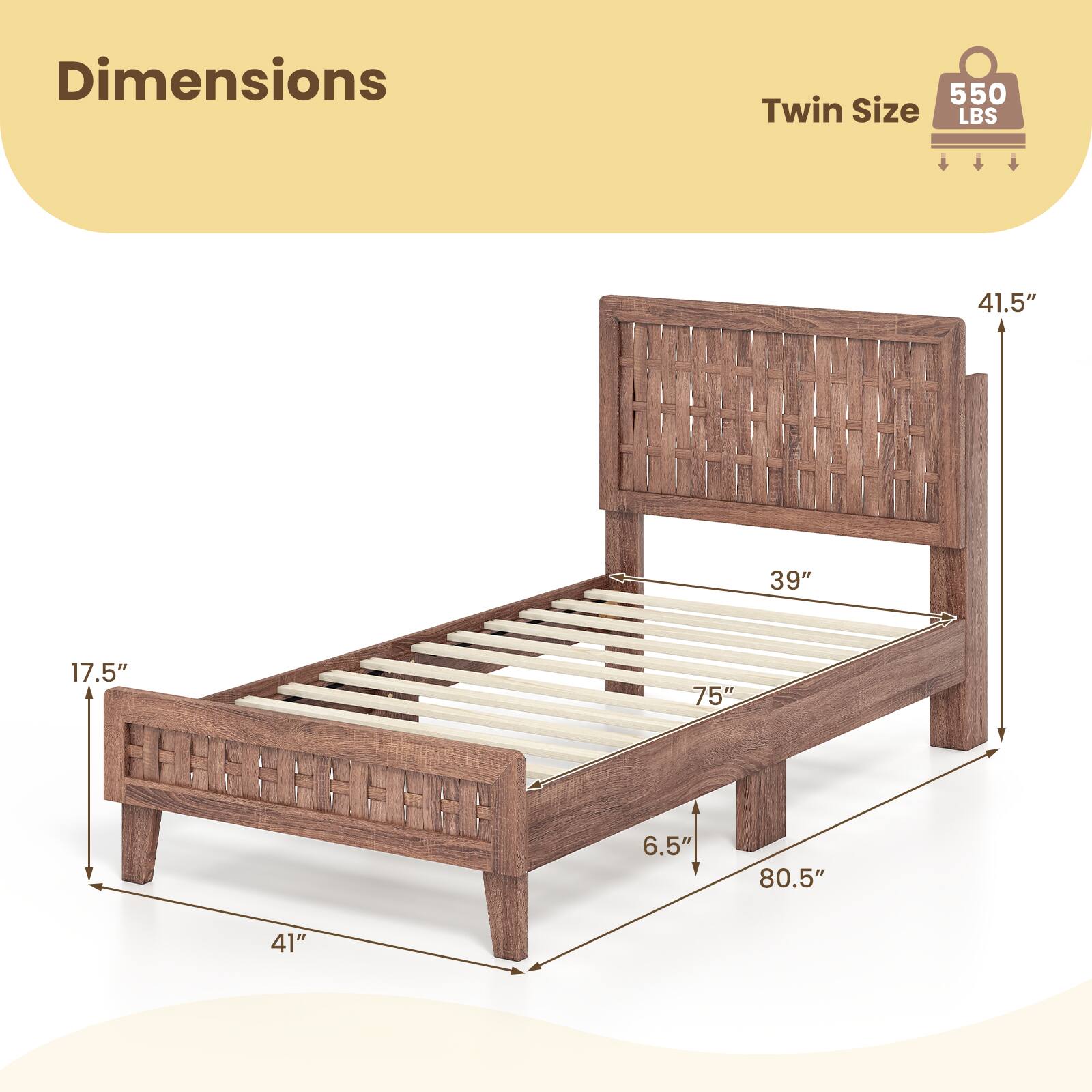Dimensions  
Twin Size  
550 LBS  
41.5"  
39"  
17.5"  
75"  
6.5"  
80.5"  
41"