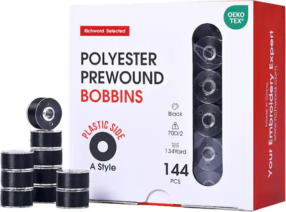 Richword Selected POLYESTER PREWOUND BOBBINS Black PLASTIC SIDE 70D/2 134Yard A Style 144 PCS OEKO TEX® Made in China www.richword.com Your Embroidery Expert