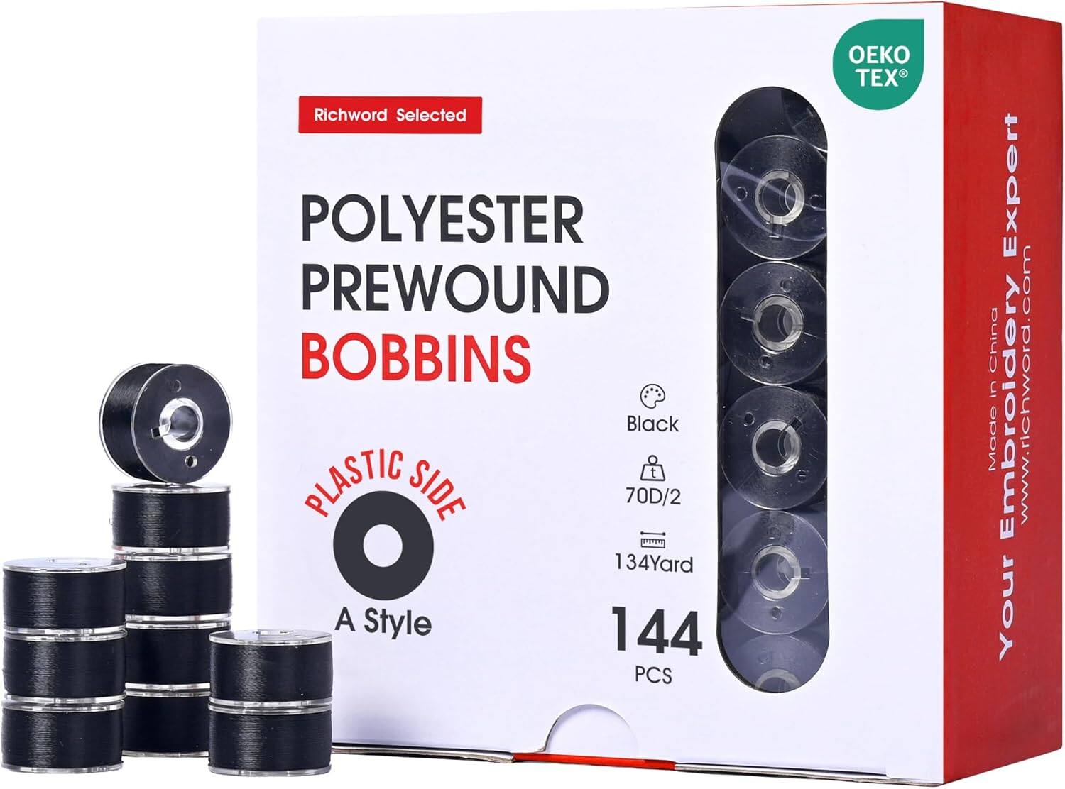 Richword Selected POLYESTER PREWOUND BOBBINS Black PLASTIC SIDE 70D/2 134Yard A Style 144 PCS OEKO TEX® Made in China www.richword.com Your Embroidery Expert