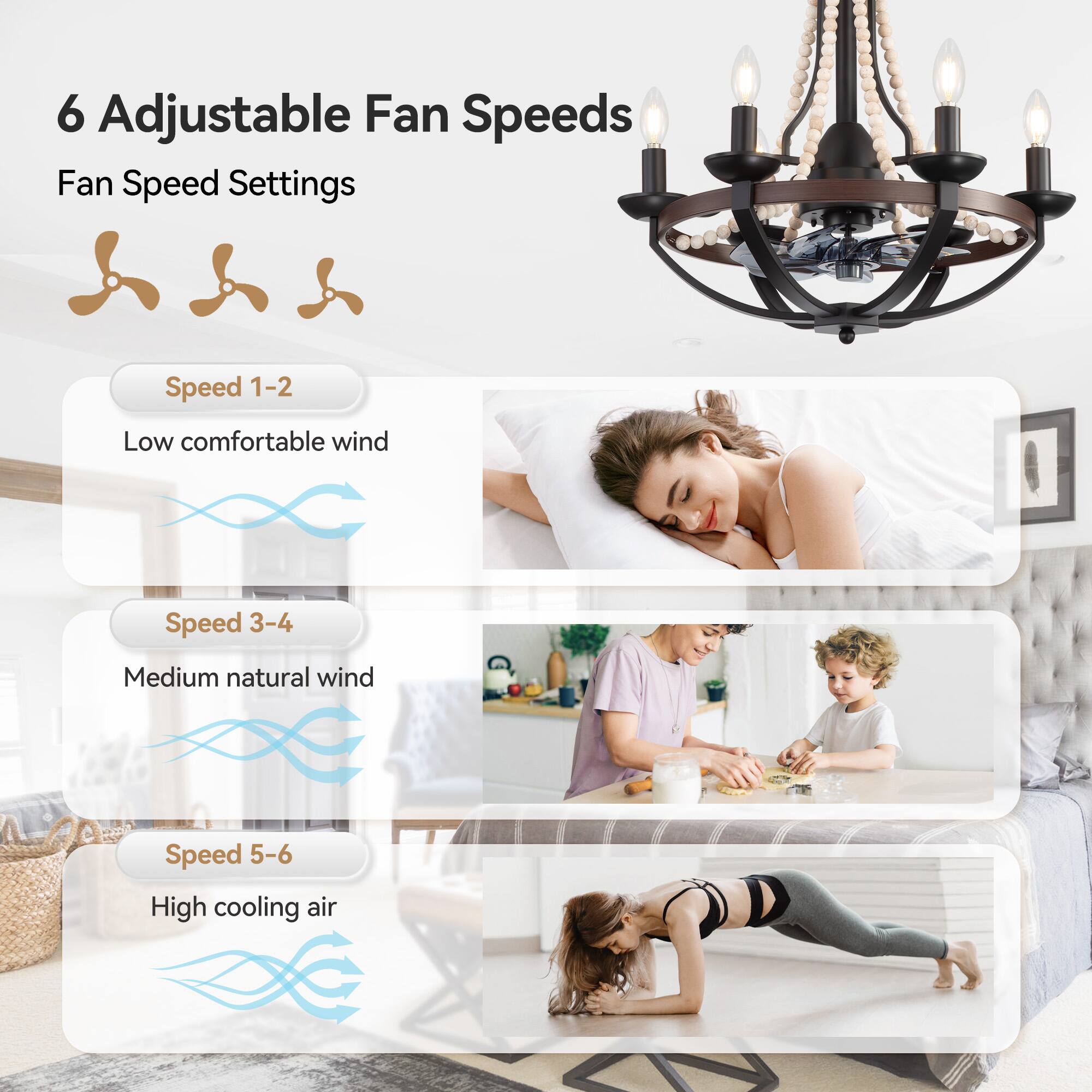 6 Adjustable Fan Speeds  
Fan Speed Settings  

Speed 1-2  
Low comfortable wind  

Speed 3-4  
Medium natural wind  

Speed 5-6  
High cooling air